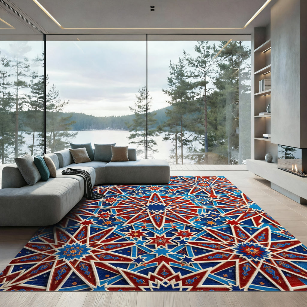 Intricate Crimson and Azure Geometric Star Rug
