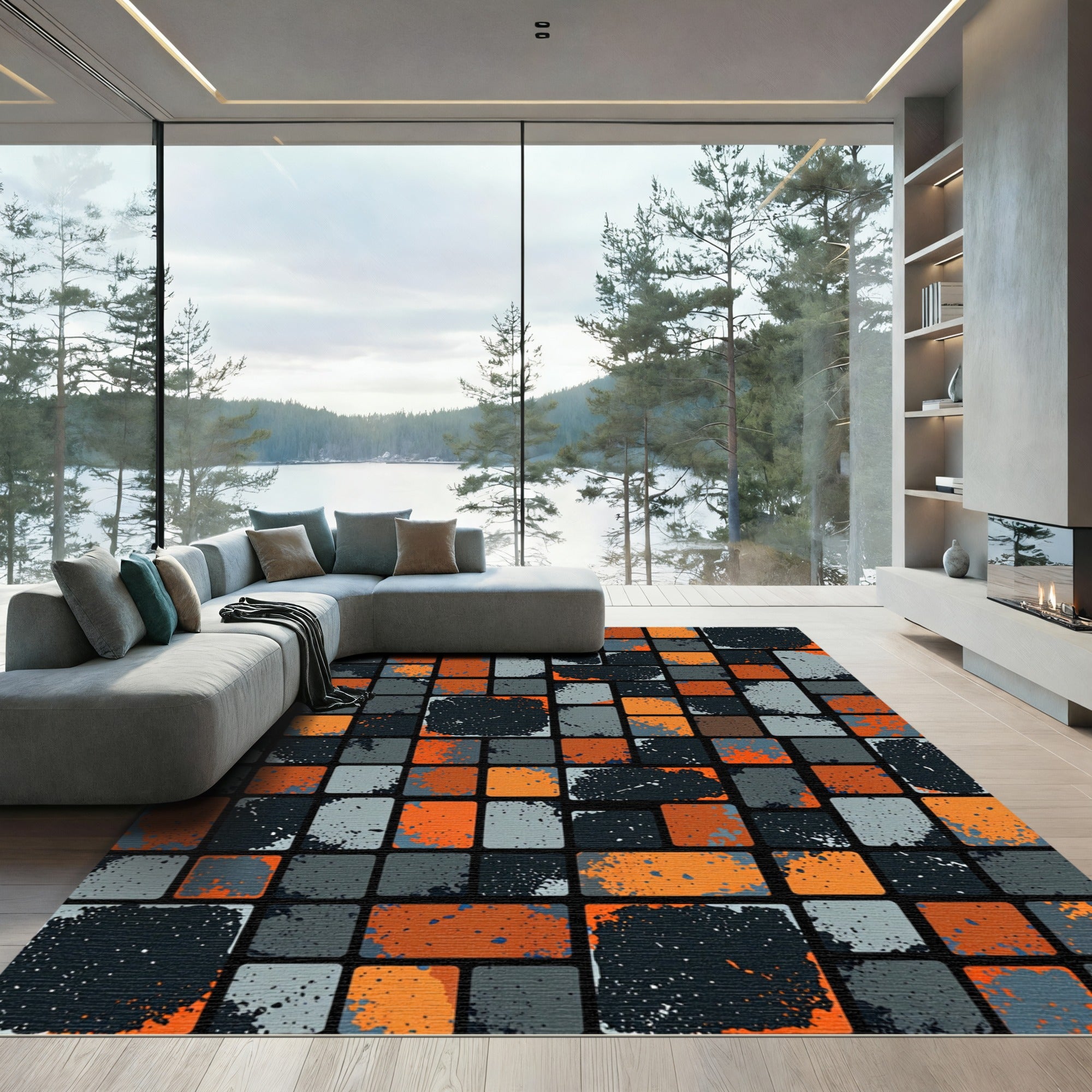 Abstract Orange Gray Black Blocks Rug