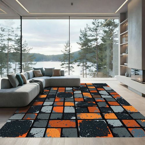 Abstract Orange Gray Black Blocks Rug