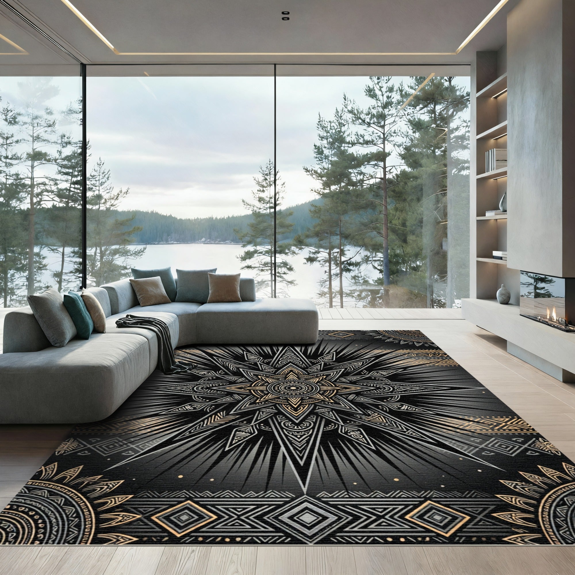 Celestial Gold and Obsidian Starburst Rug
