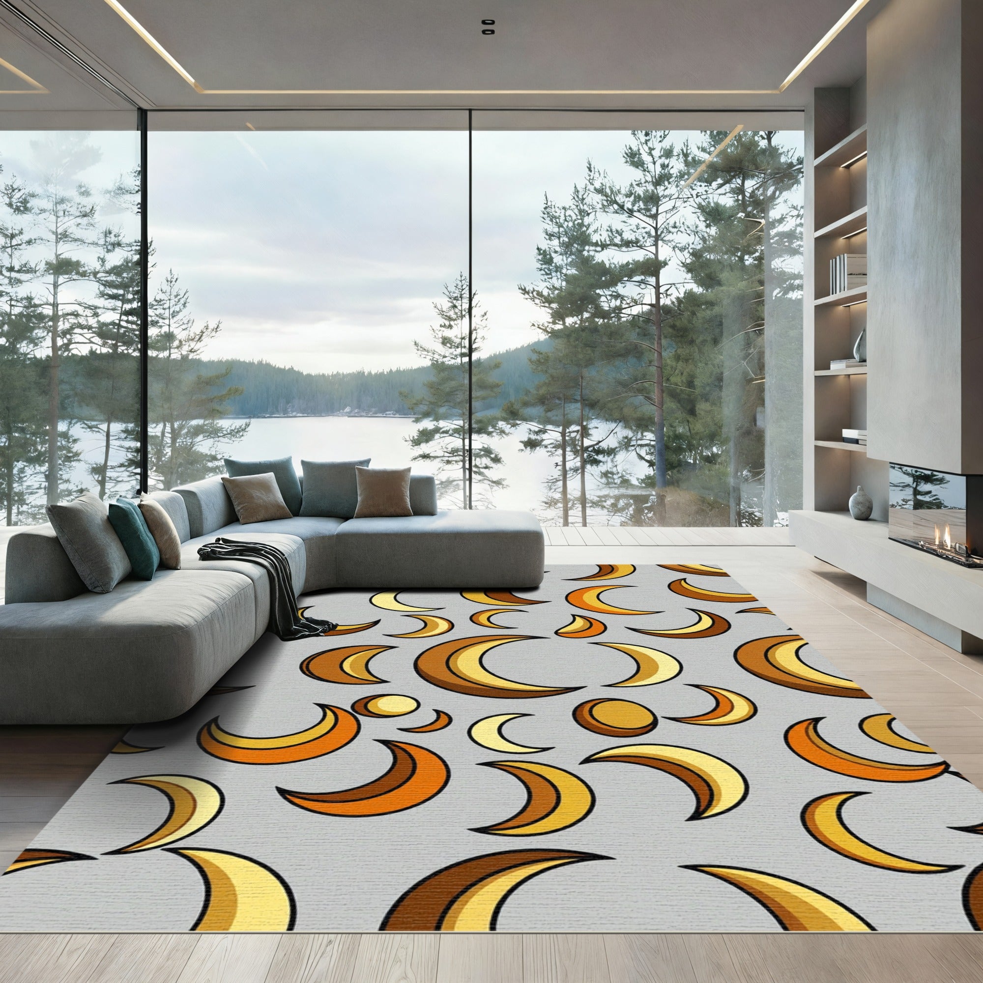 Modern Golden Crescent Moon Celestial Rug