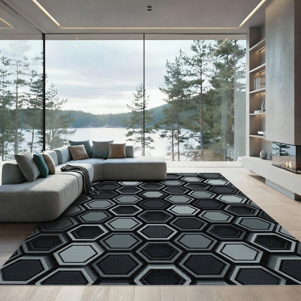 Chic Gray Hexagon Geometric Cluster Rug
