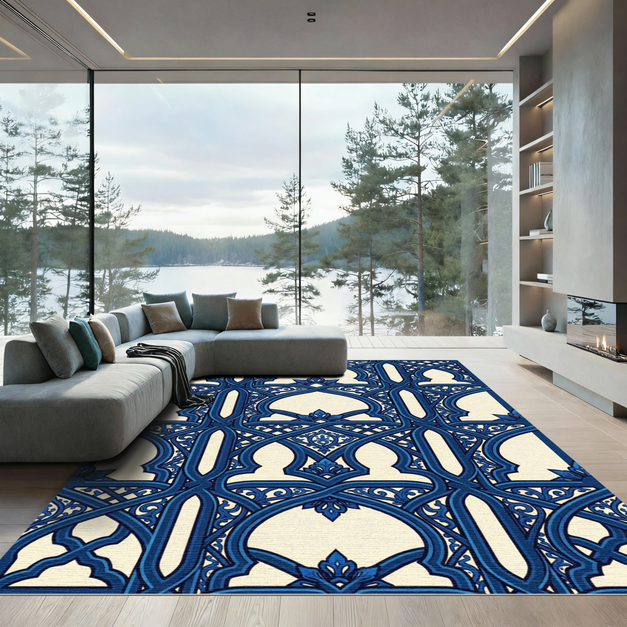 Intricate Navy Arch Lattice Scroll Rug