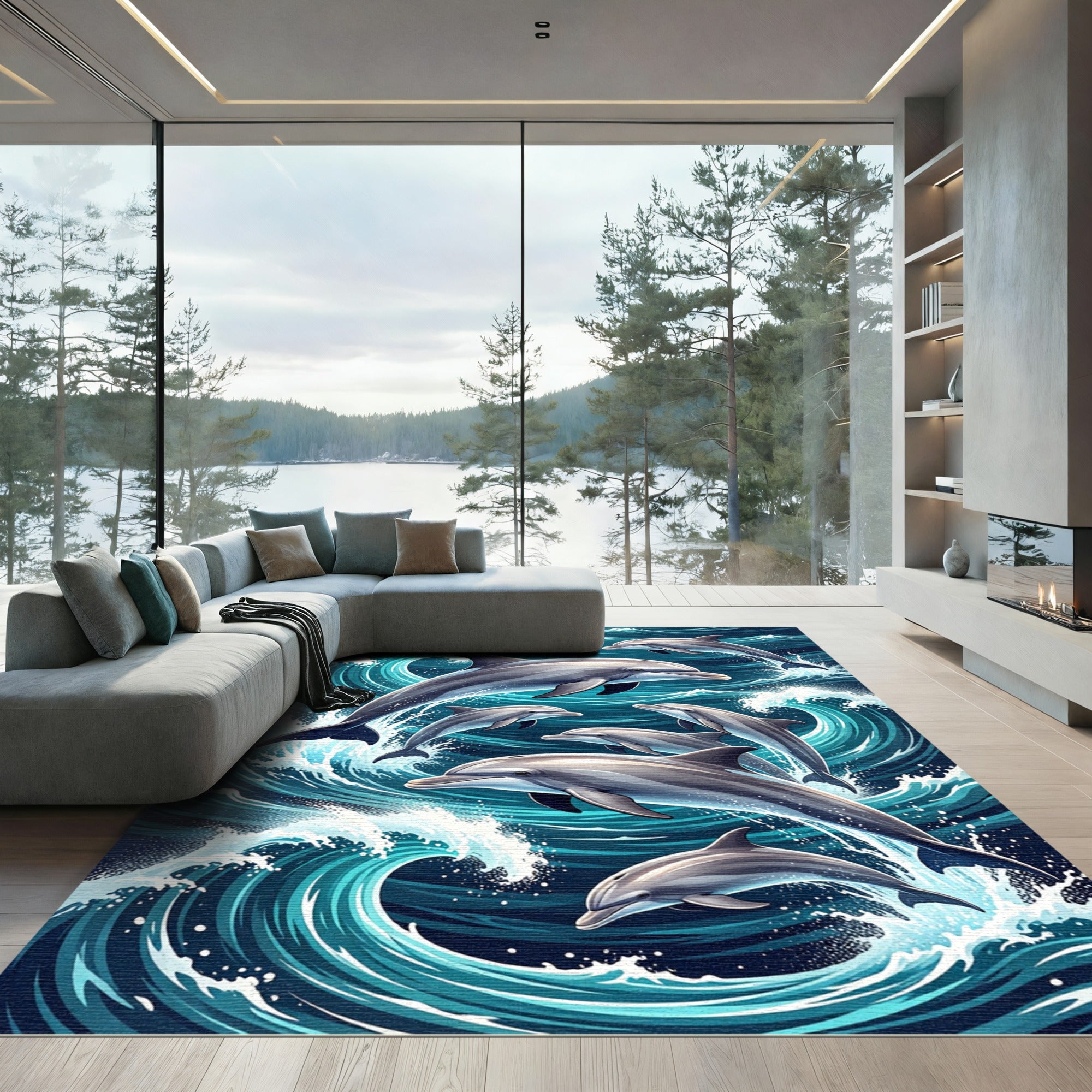 Leaping Dolphins in Deep Blue Waves Rug
