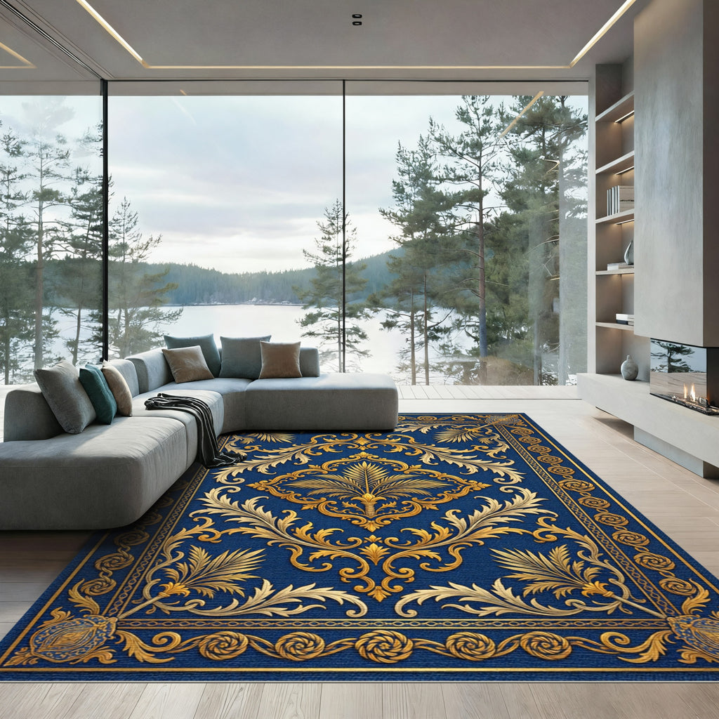 Regal Navy Golden Filigree Palm Rug