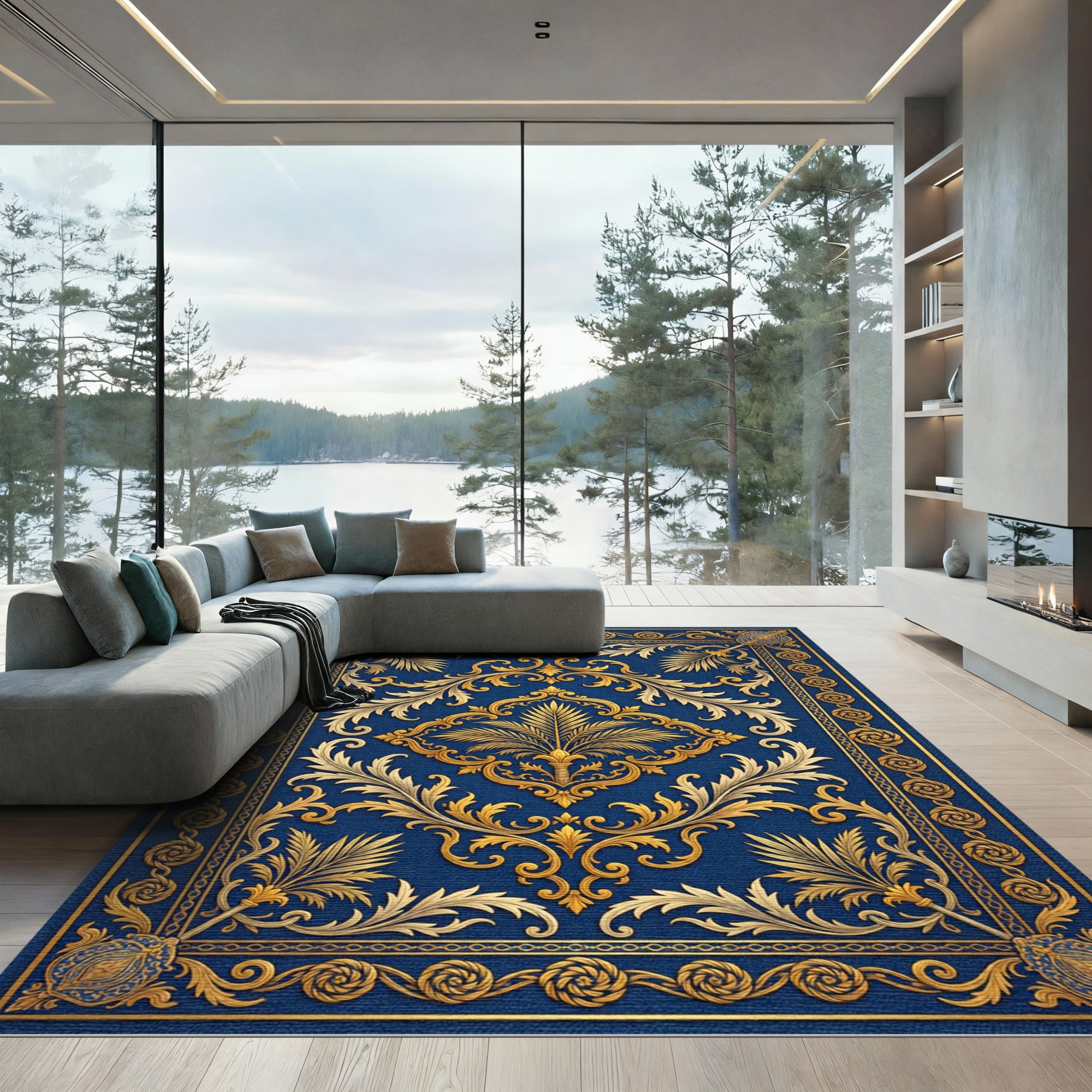 Regal Navy Golden Filigree Palm Rug