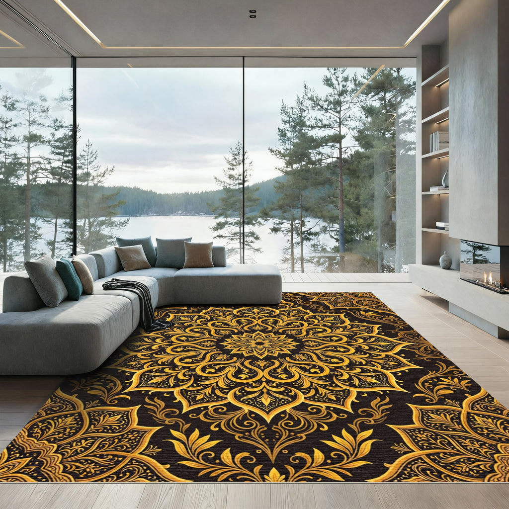 Ornate Gold Damask Mandala Art Rug