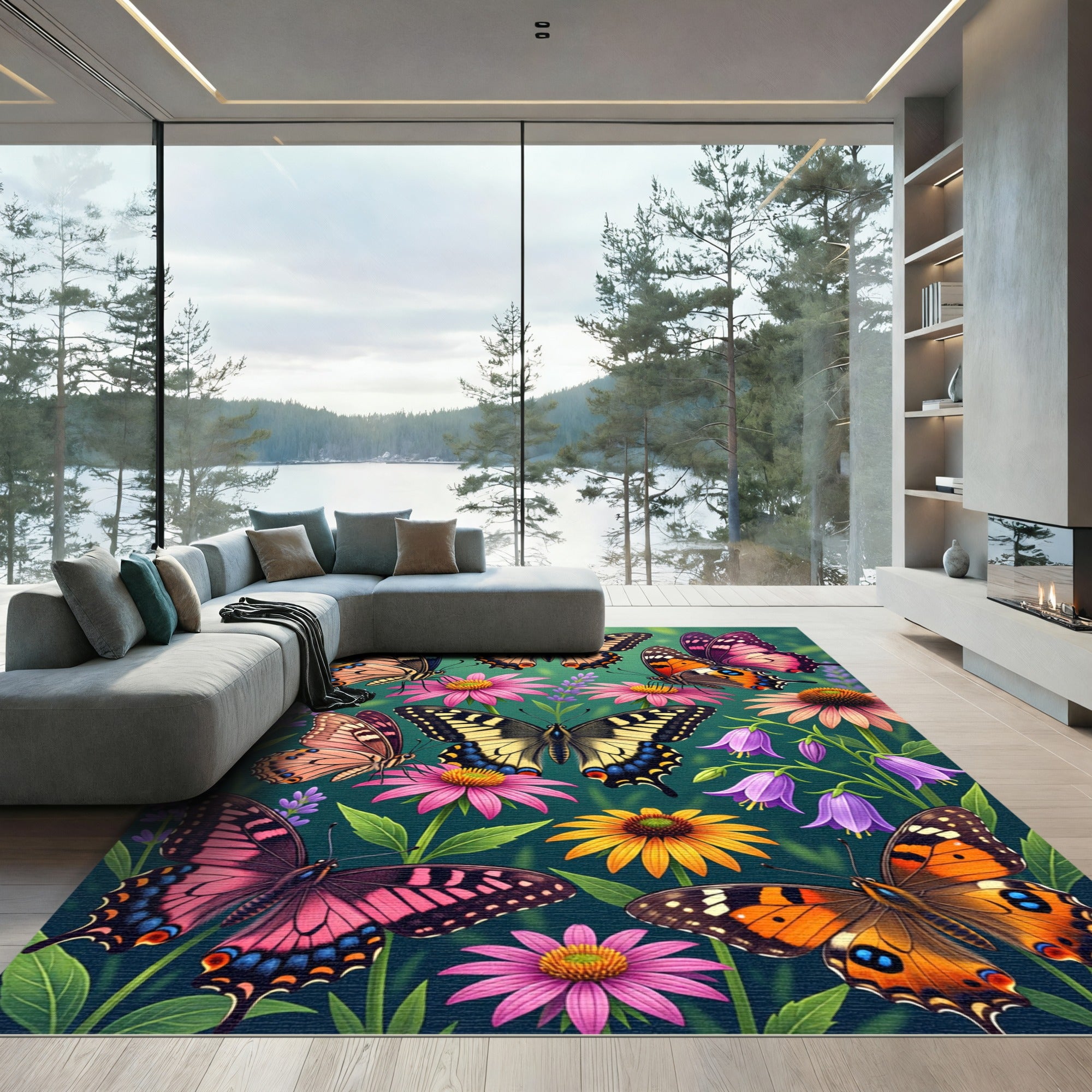Vibrant Butterfly Garden Floral Collage Rug