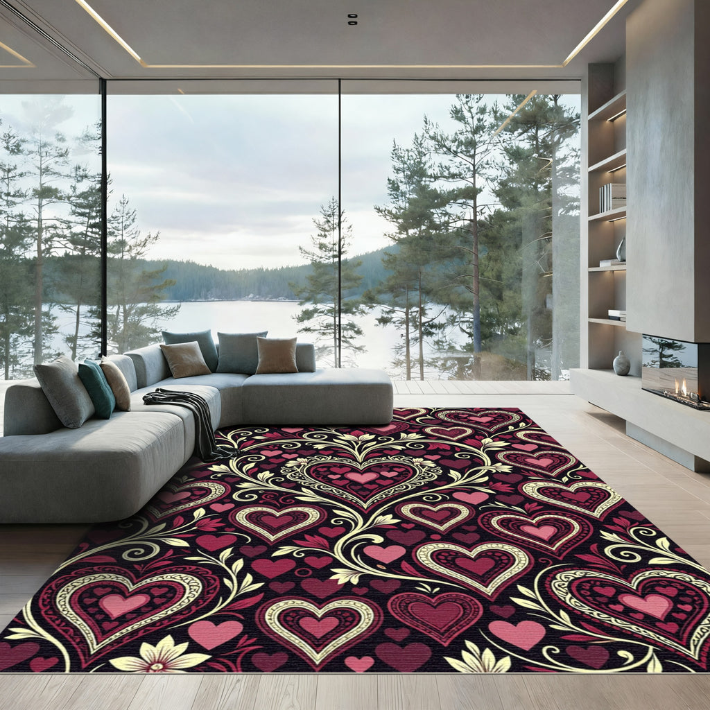 Ornate Crimson Heart Floral Swirl Rug