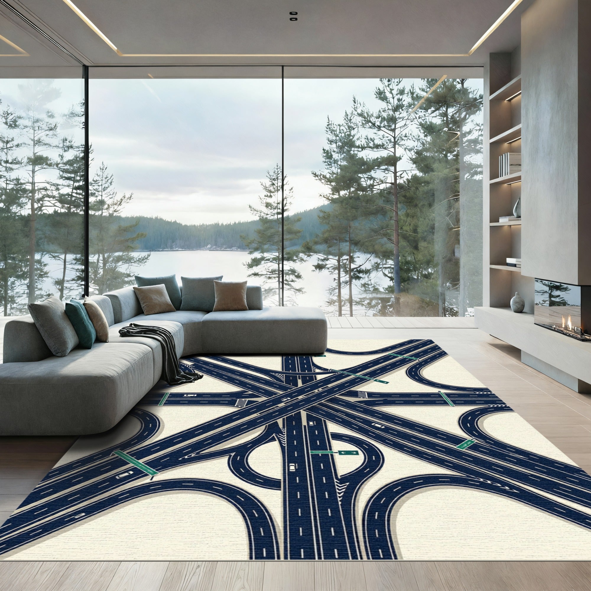 Modern Navy Blue Highway Interchange Geometric Rug