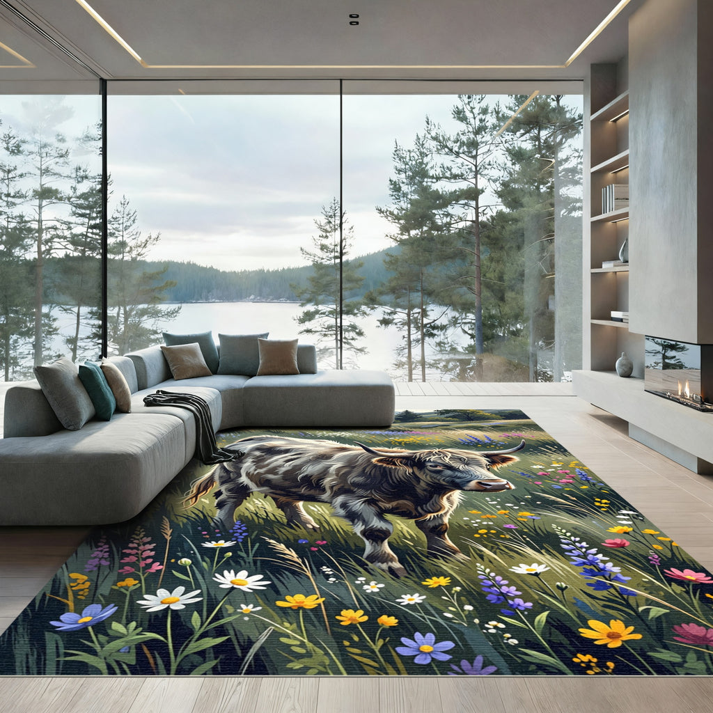 Highland Cow Scenic Meadow Floral Art Rug