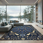 Elegant Navy Gold Celestial Star Medallion Rug