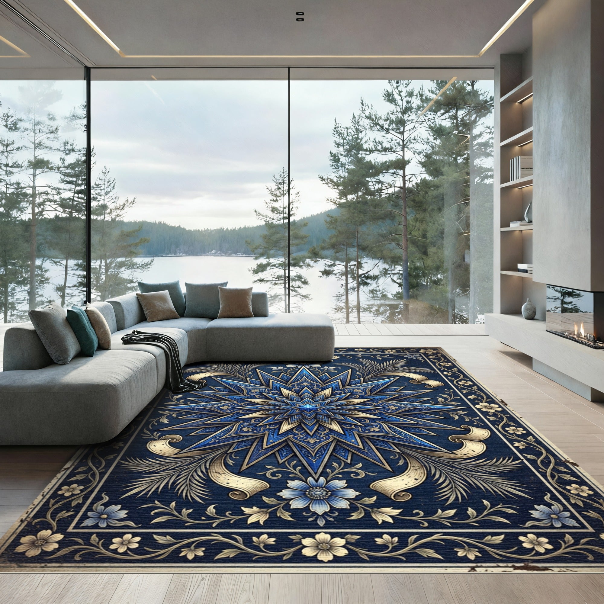 Elegant Navy Gold Celestial Star Medallion Rug