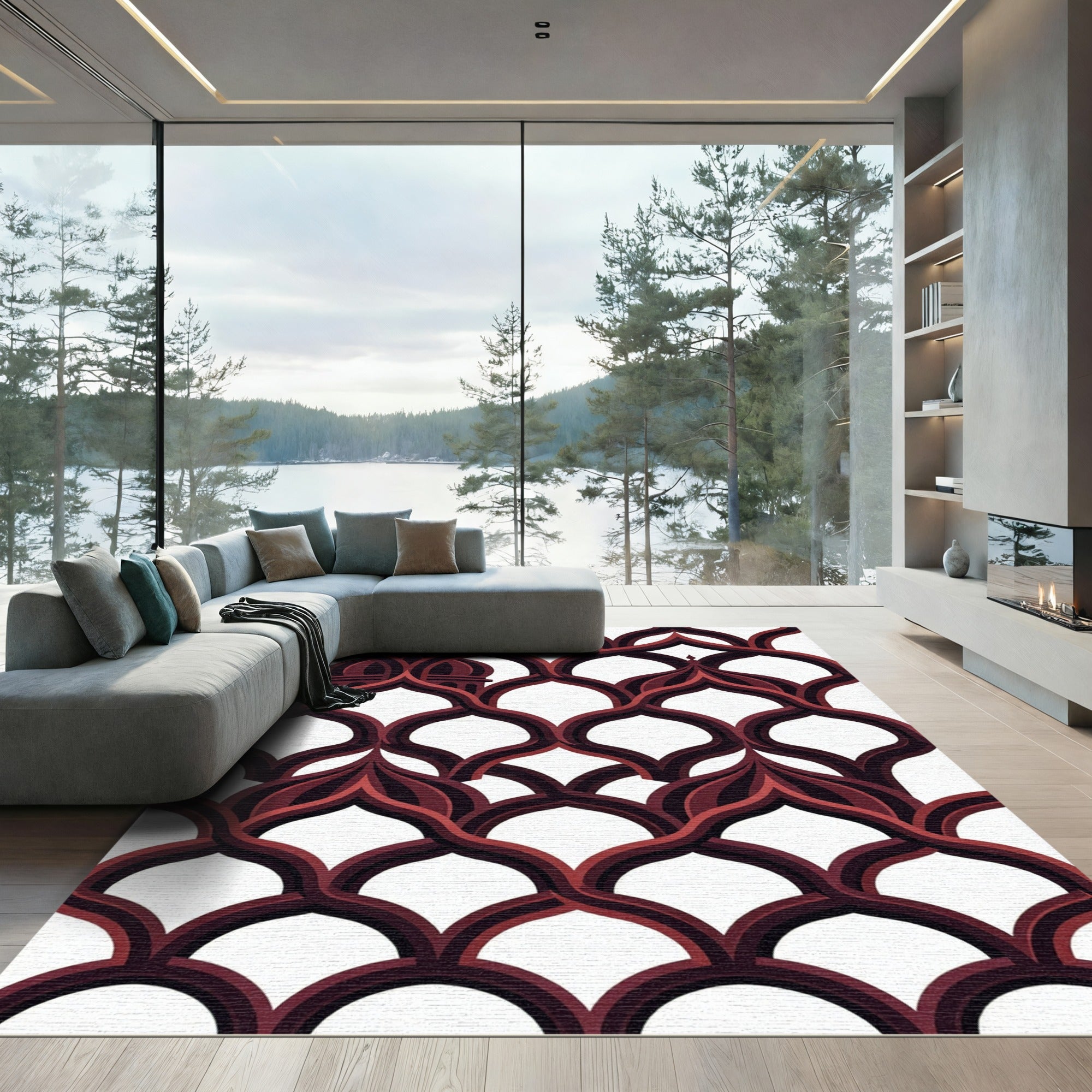 Dark Crimson Ornate Arched Lattice Rug
