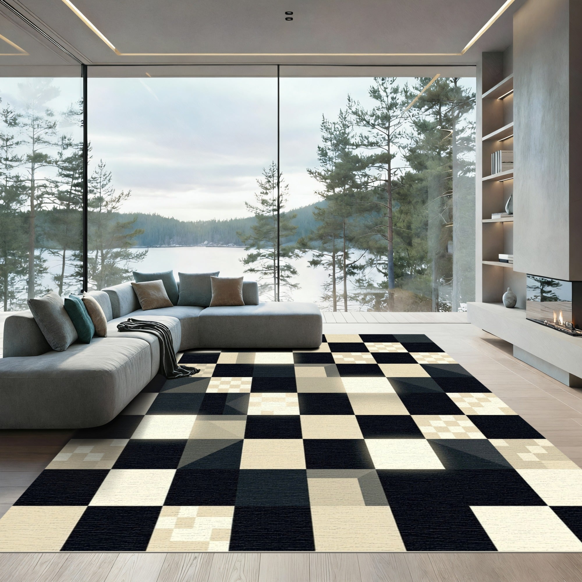 Monochromatic Geometric Checkered Abstract Art Rug