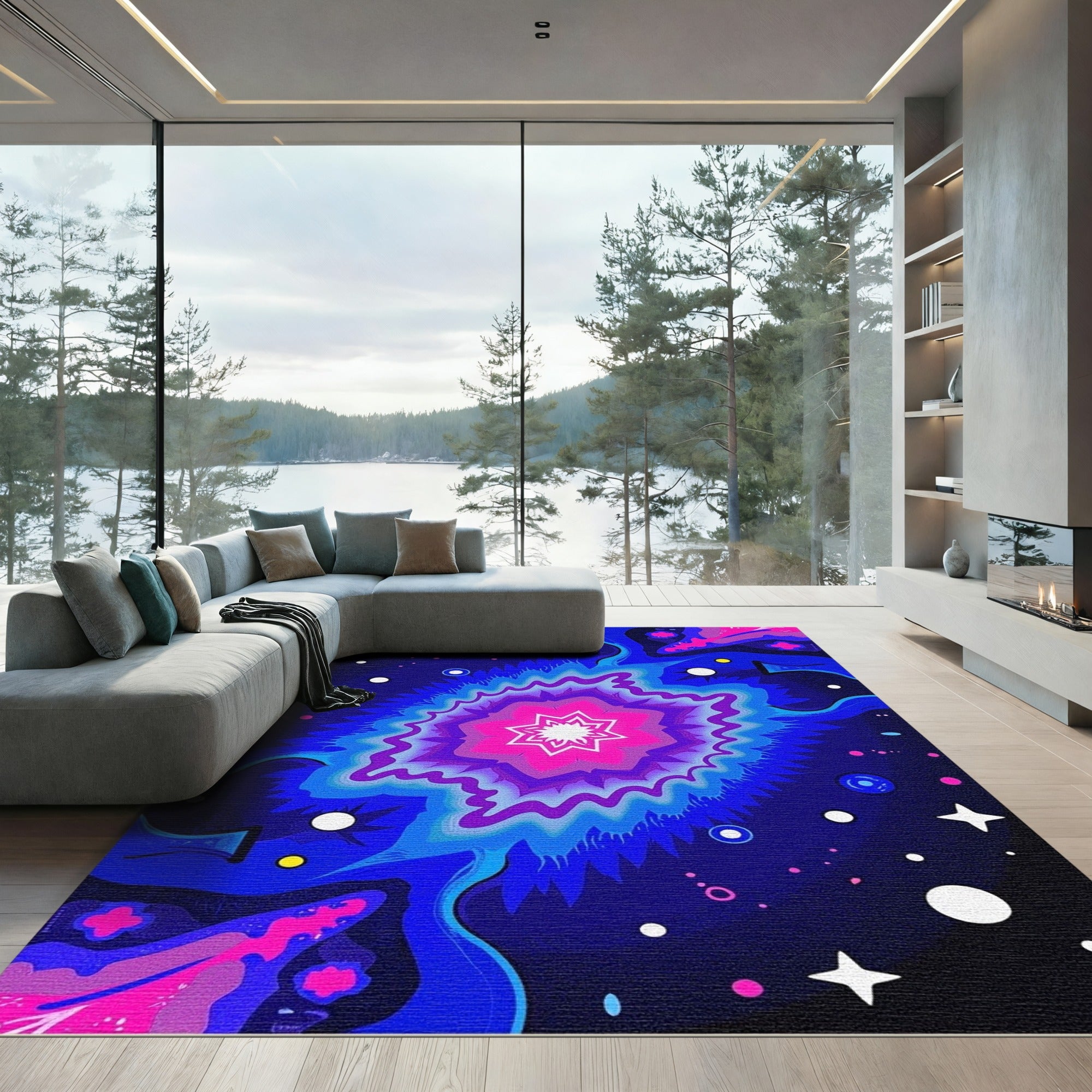 Vibrant Pink Blue Nebula Starburst Rug