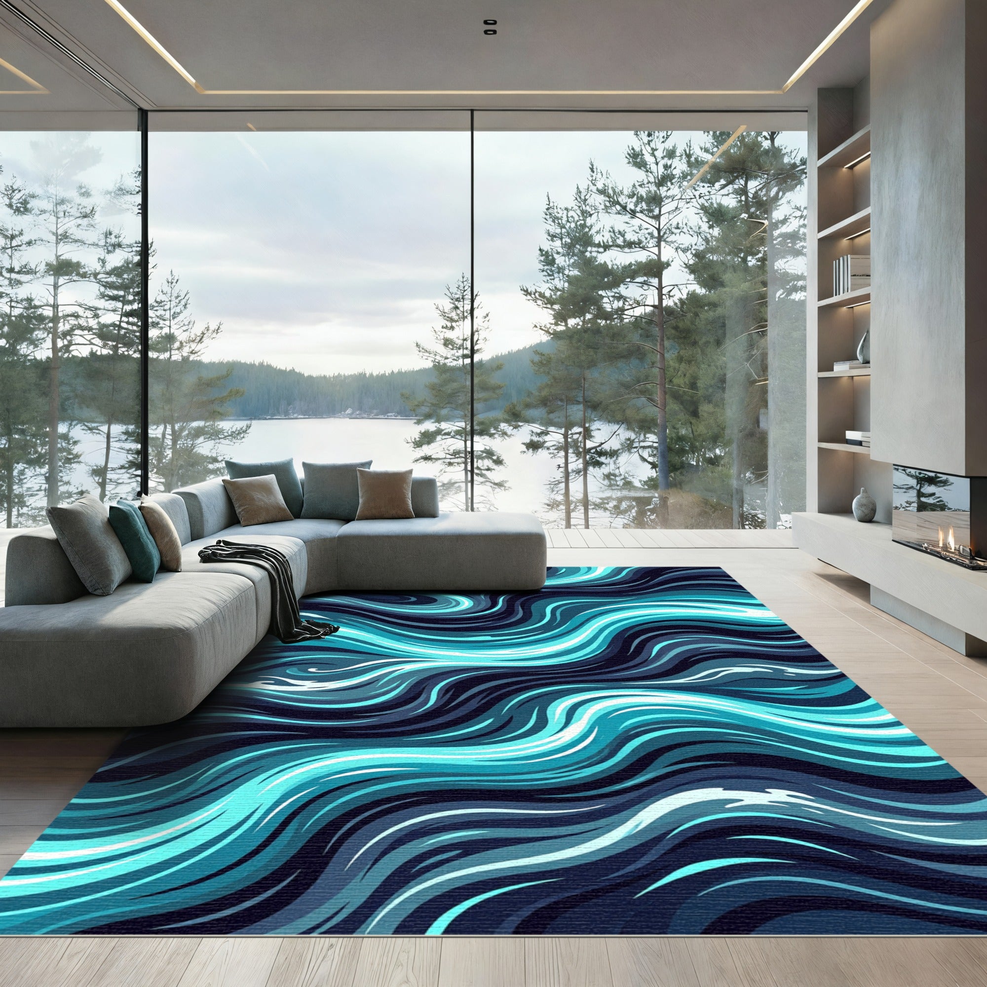 Deep Blue Abstract Swirl Ocean Rug