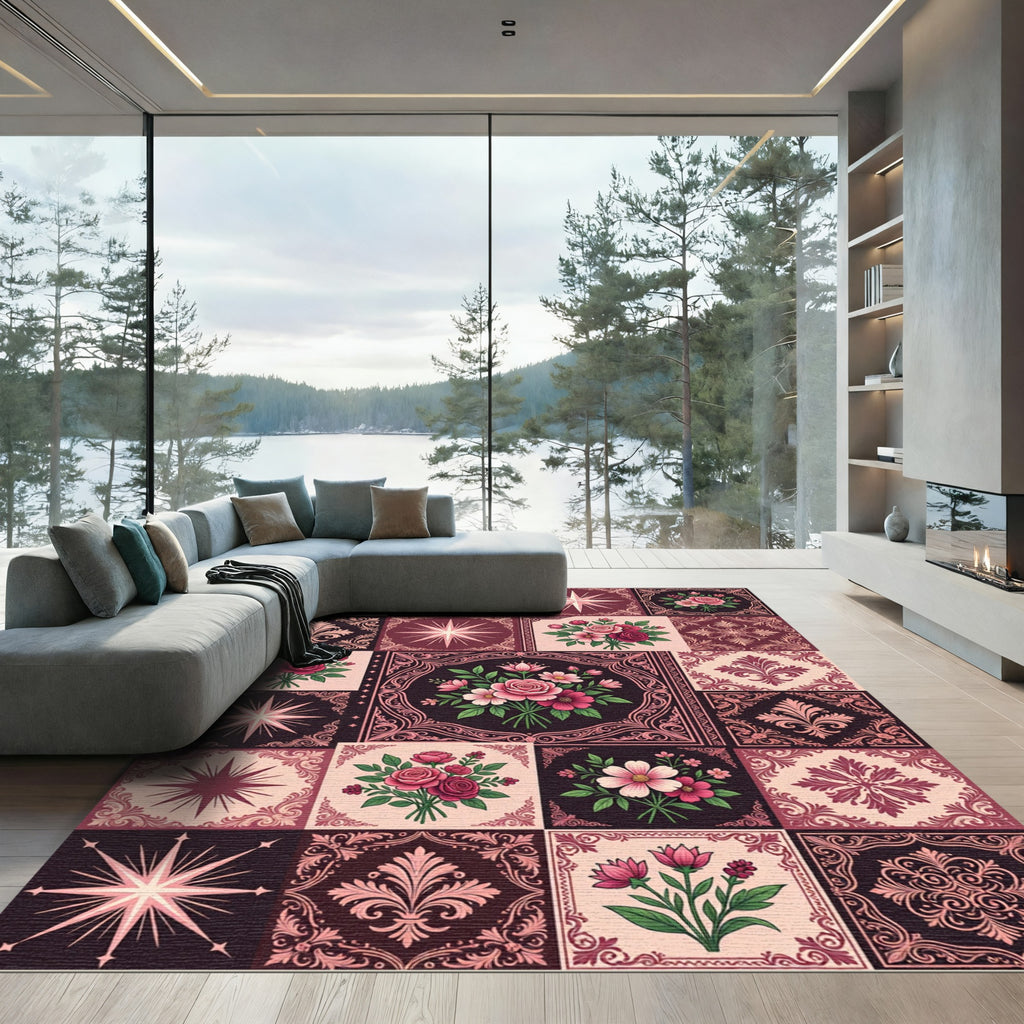 Vintage Floral Starburst Tile Collage Rug
