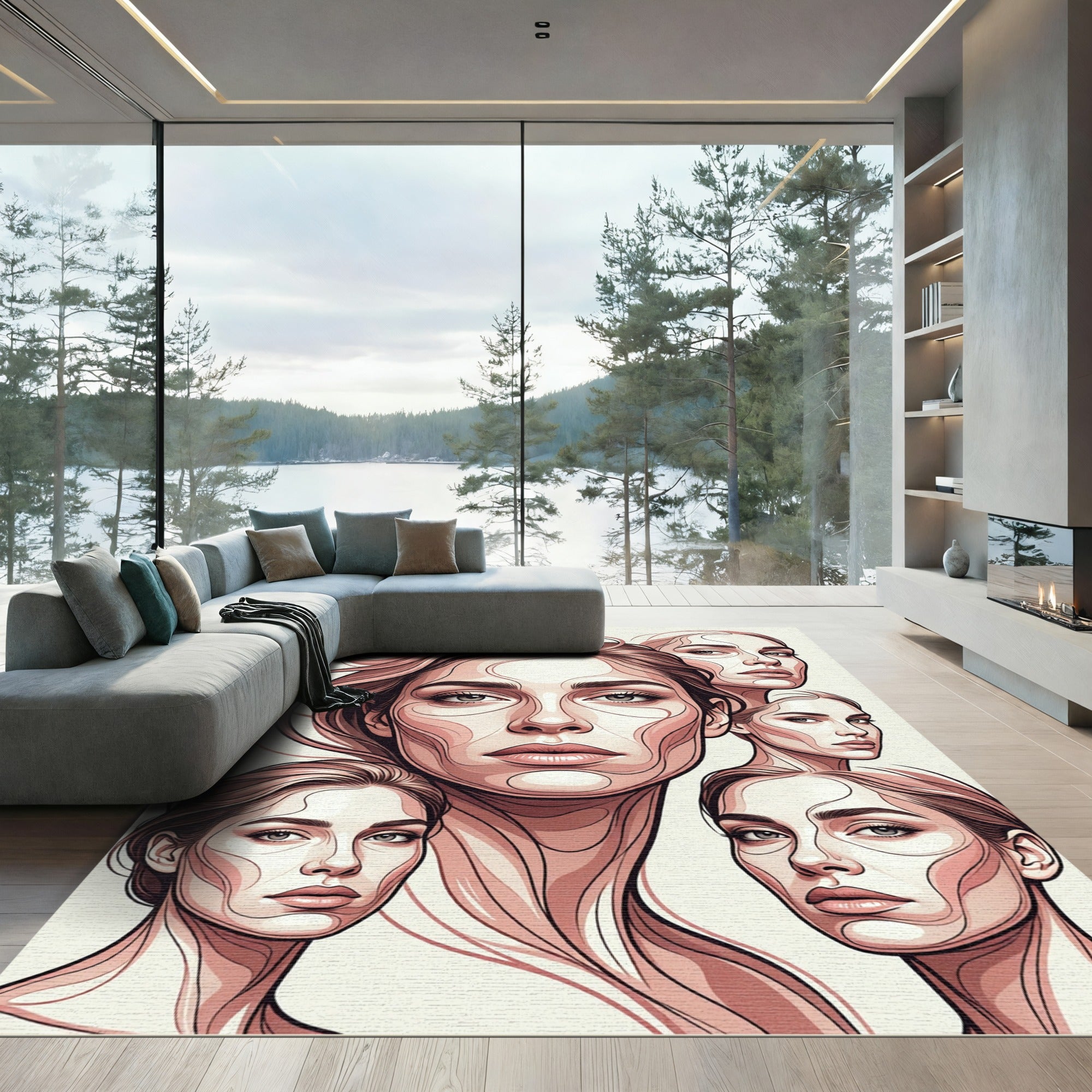 Blush Pink Multiple Portraits Contour Art Rug