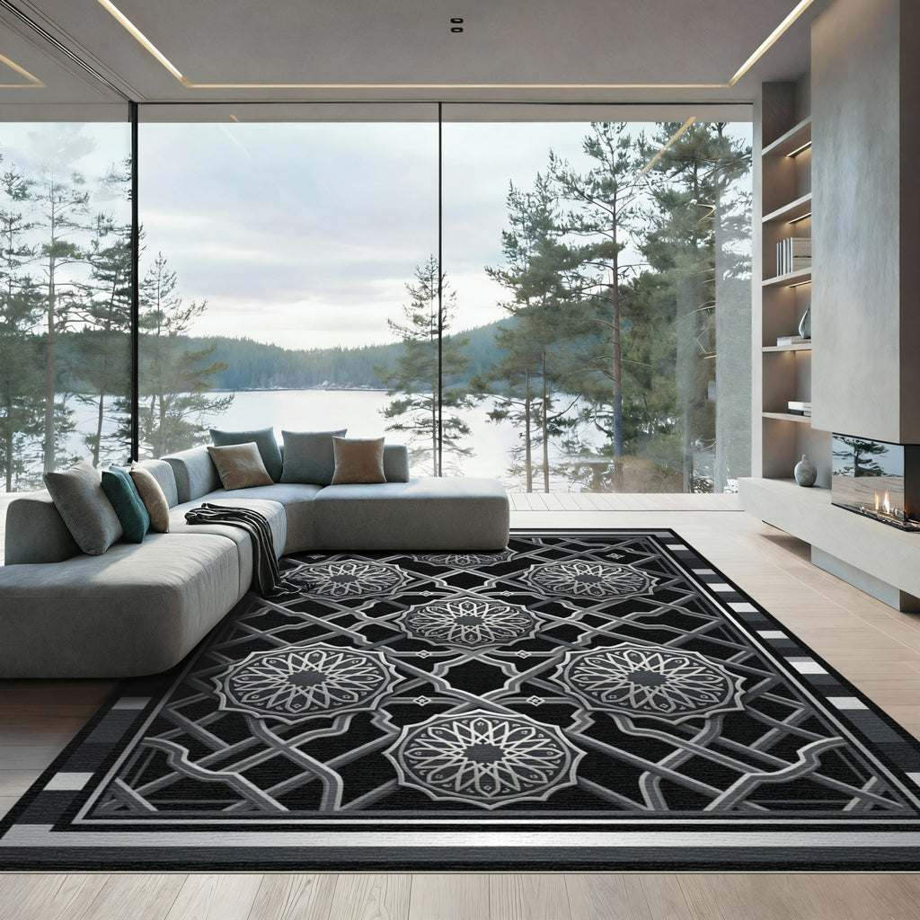 Sophisticated Silver Geometric Ornamental Monochrome Area Rug