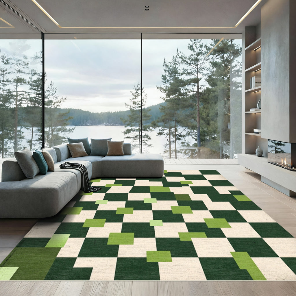 Green and Cream Checkerboard Squares Rug