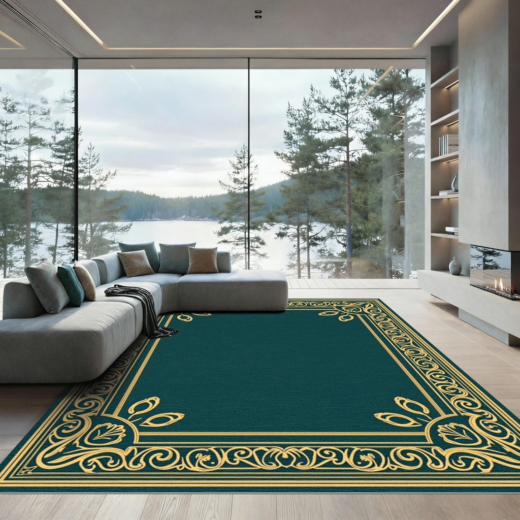 Timeless Gold Teal Scroll Border Rug