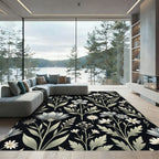 Monochromatic Botanical Wildflower Black Meadow Rug