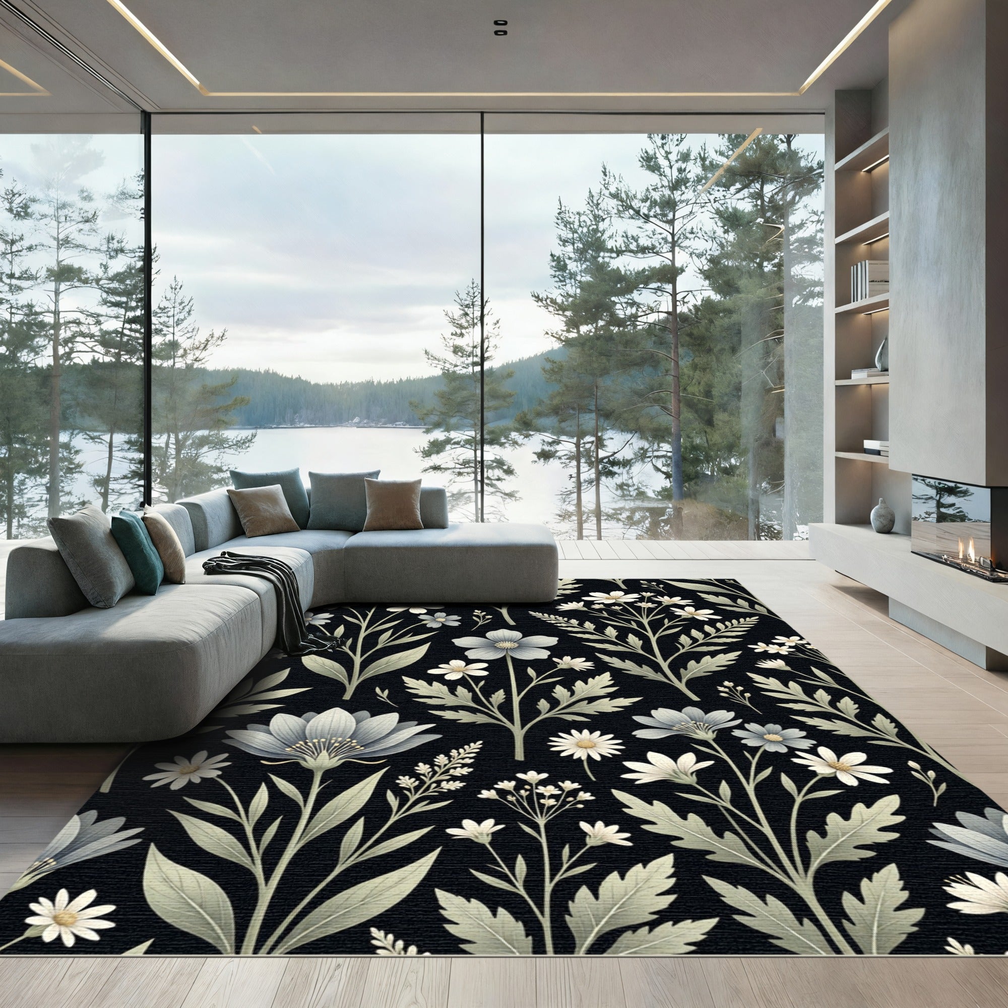 Monochromatic Botanical Wildflower Black Meadow Rug