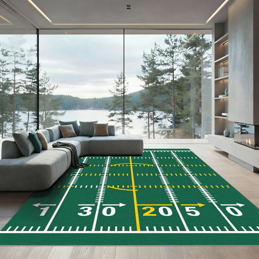 Green Football Field Grid Sports Rug