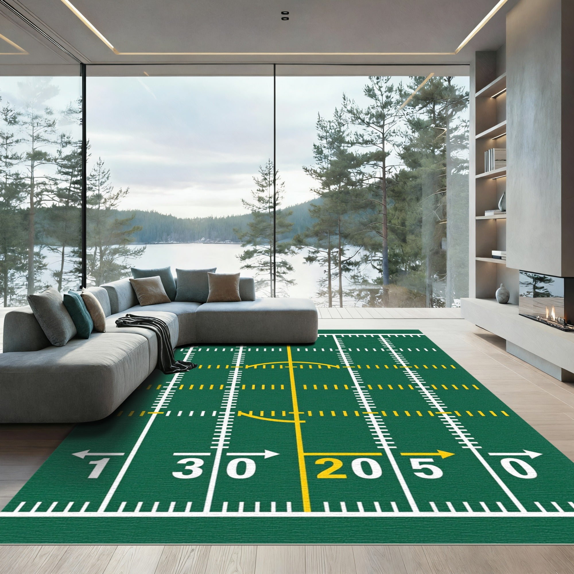 Green Football Field Grid Sports Rug