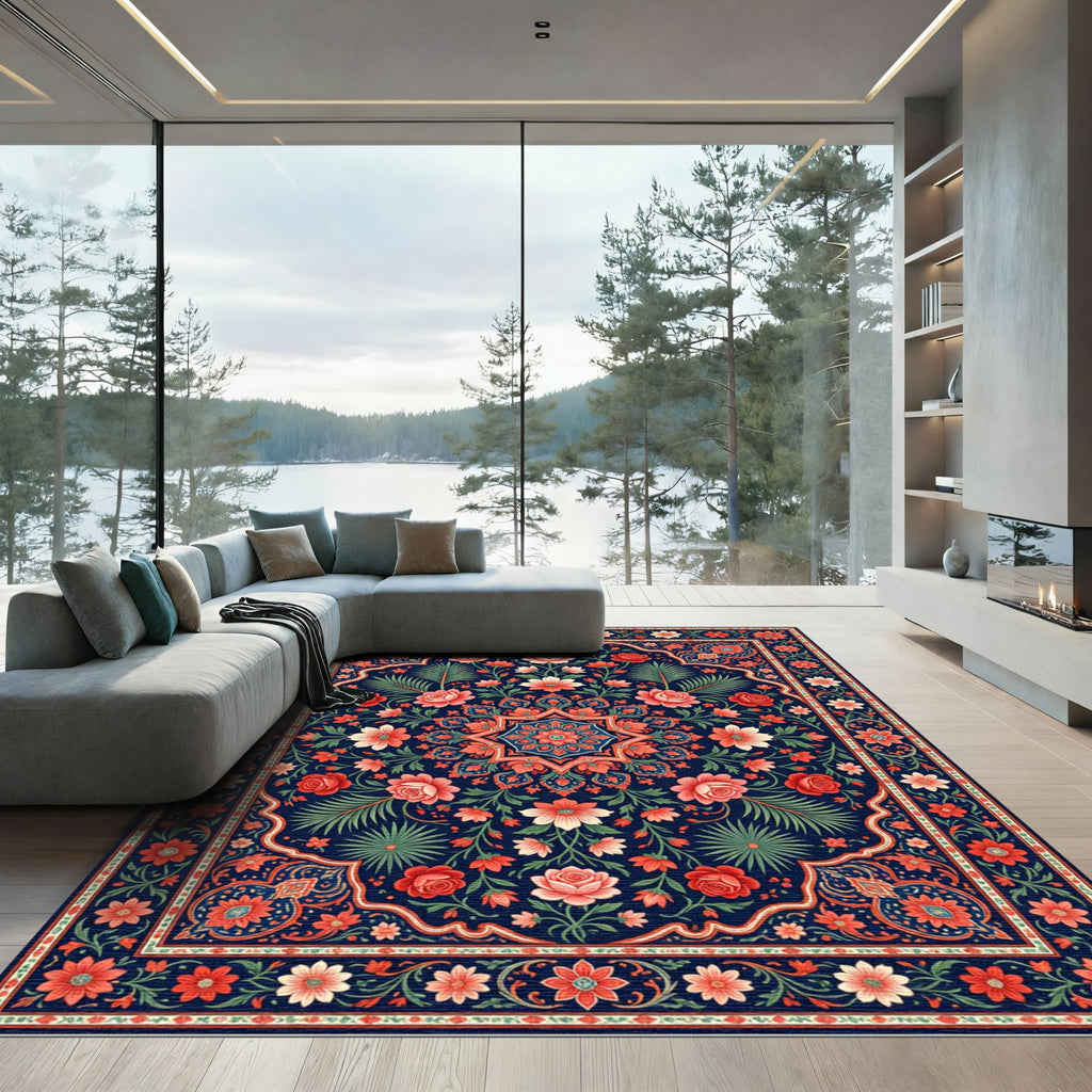 Indigo Floral Medallion Garden Rug