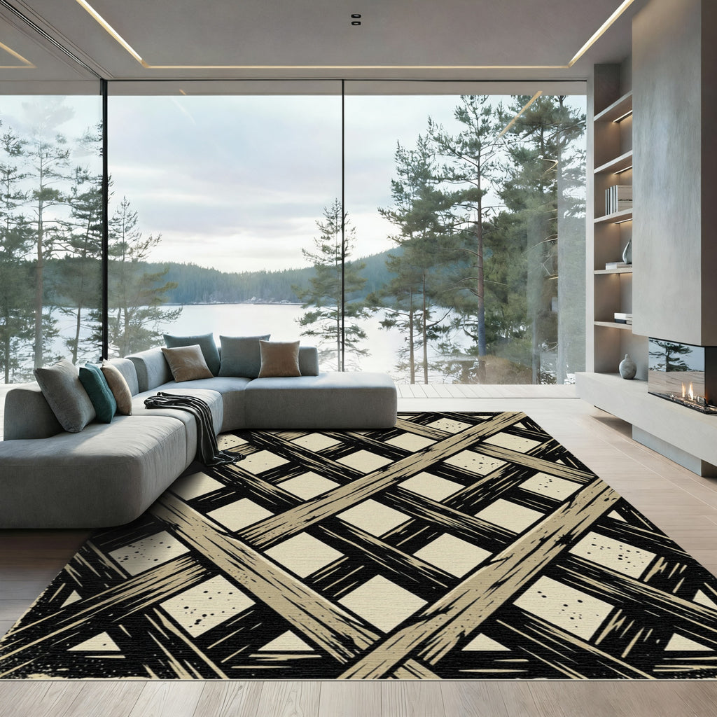Distressed Beige and Black Grid Rug