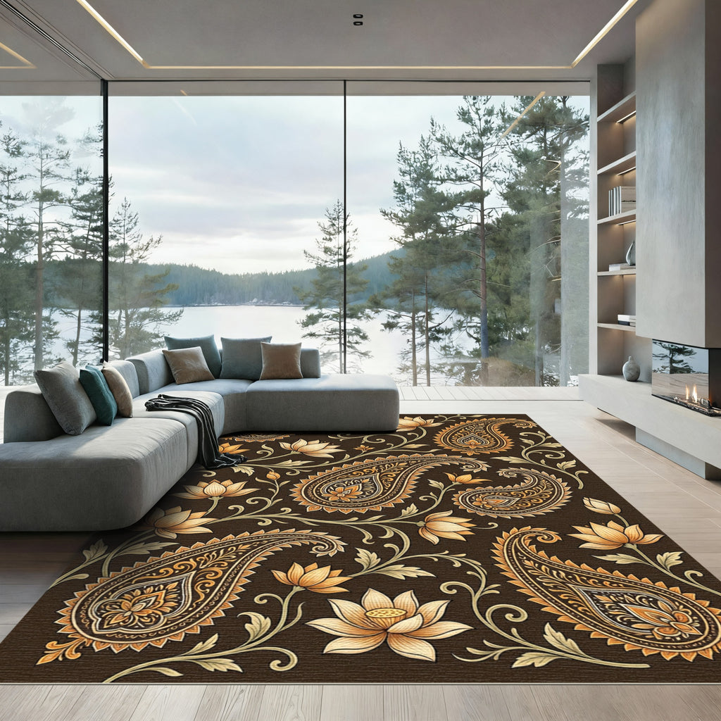 Golden Paisley Lotus Bloom Brown Rug