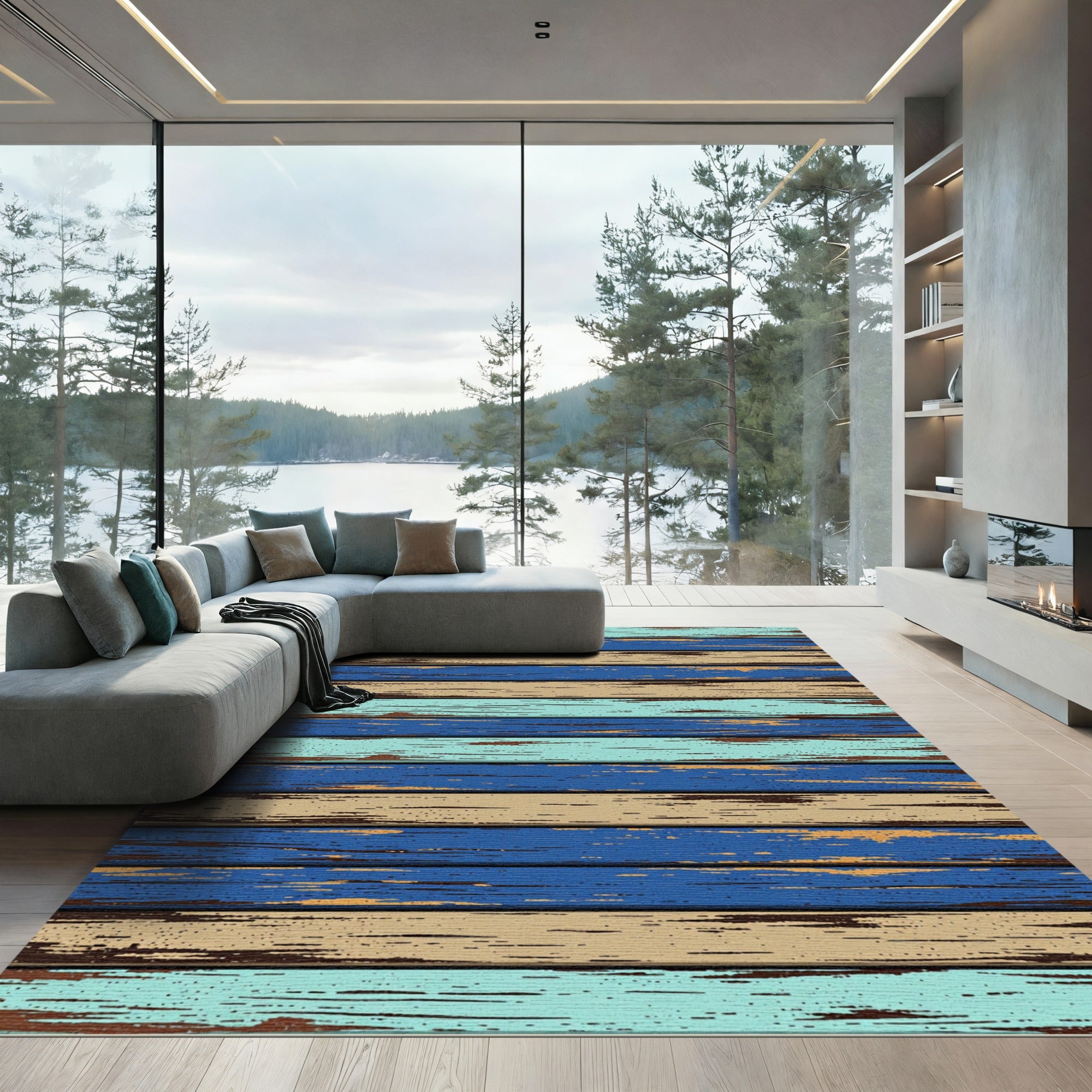 Weathered Blue Beige Horizontal Wood Plank Rug