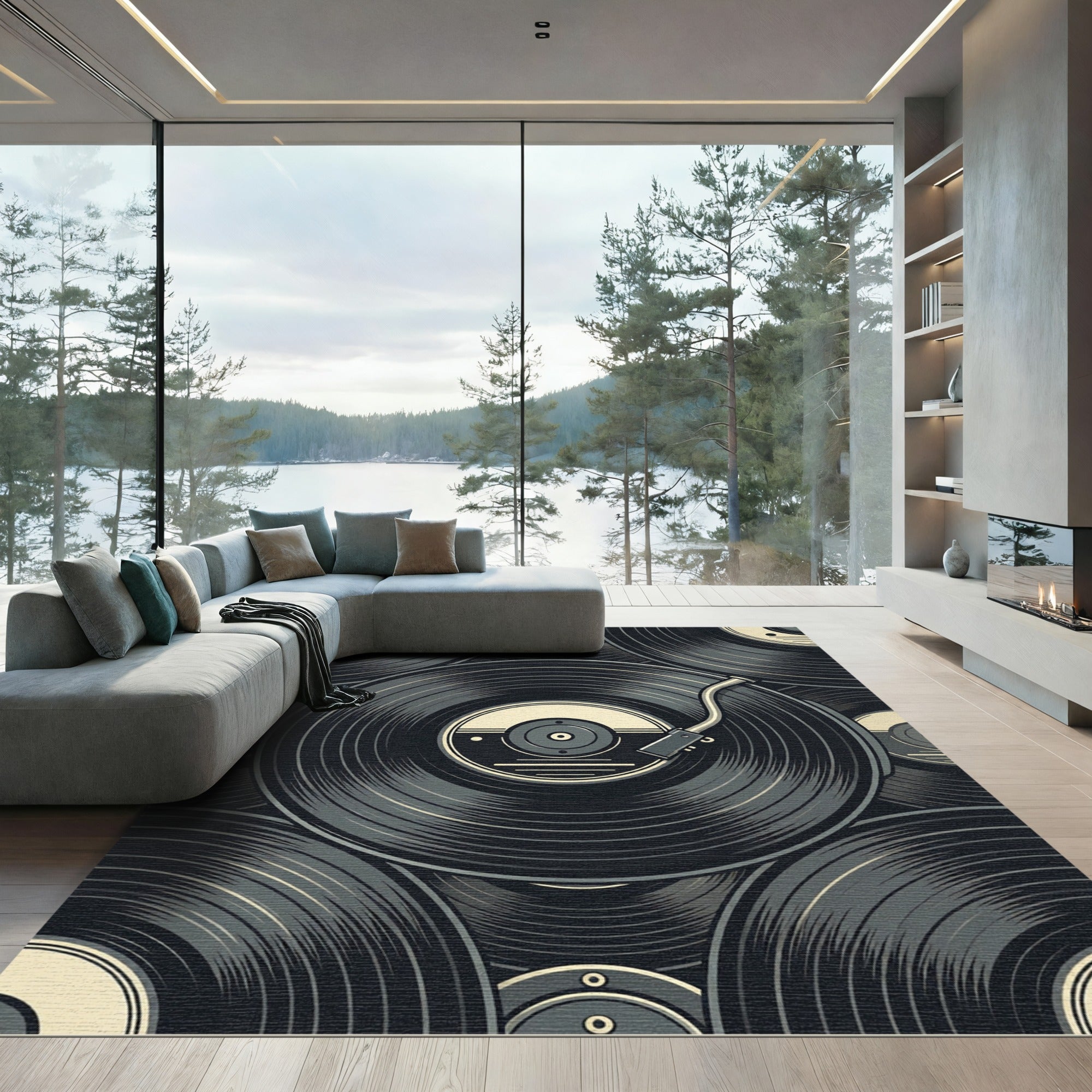 Retro Monochrome Vinyl Record Composition Rug