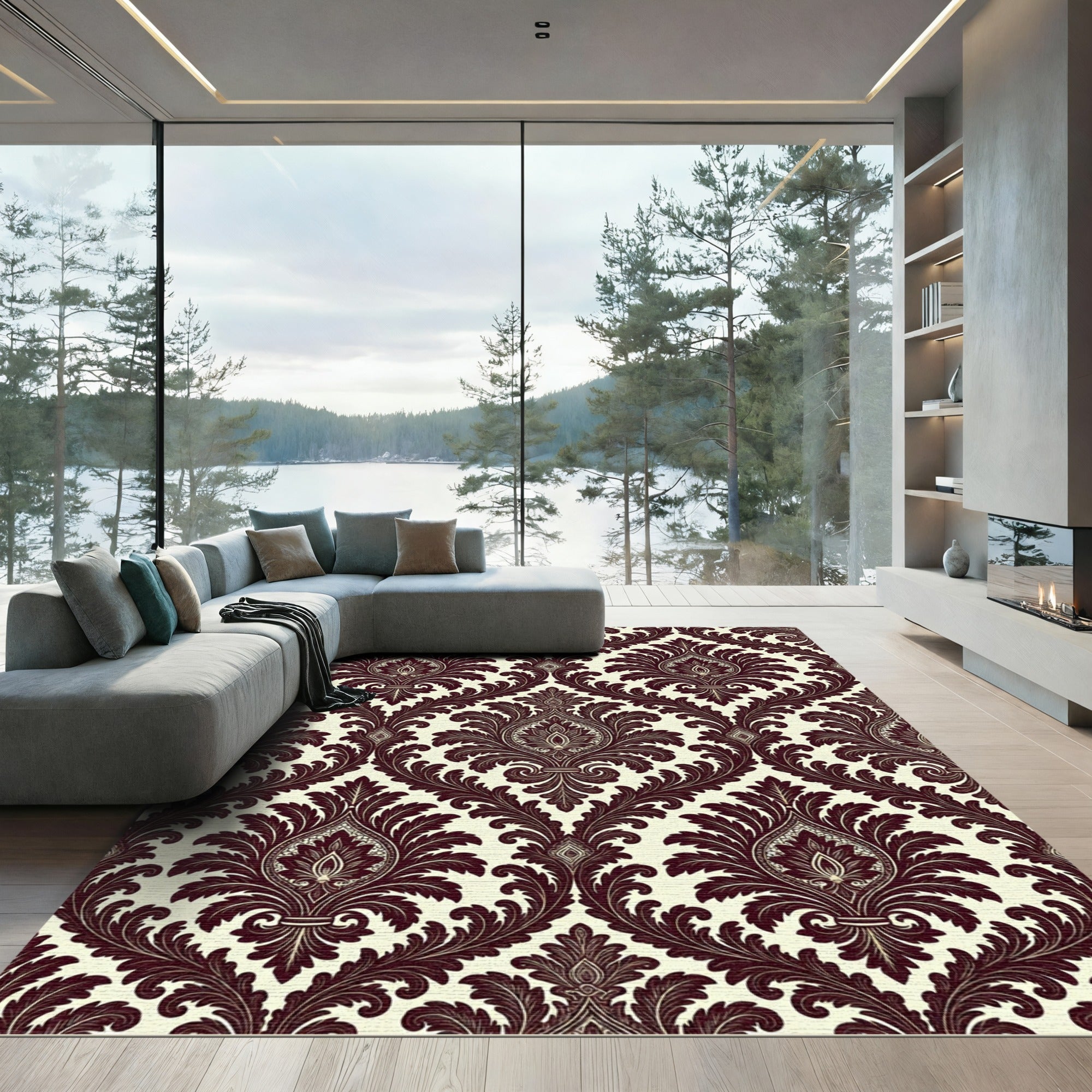 Elegant Burgundy Damask Floral Scroll Rug