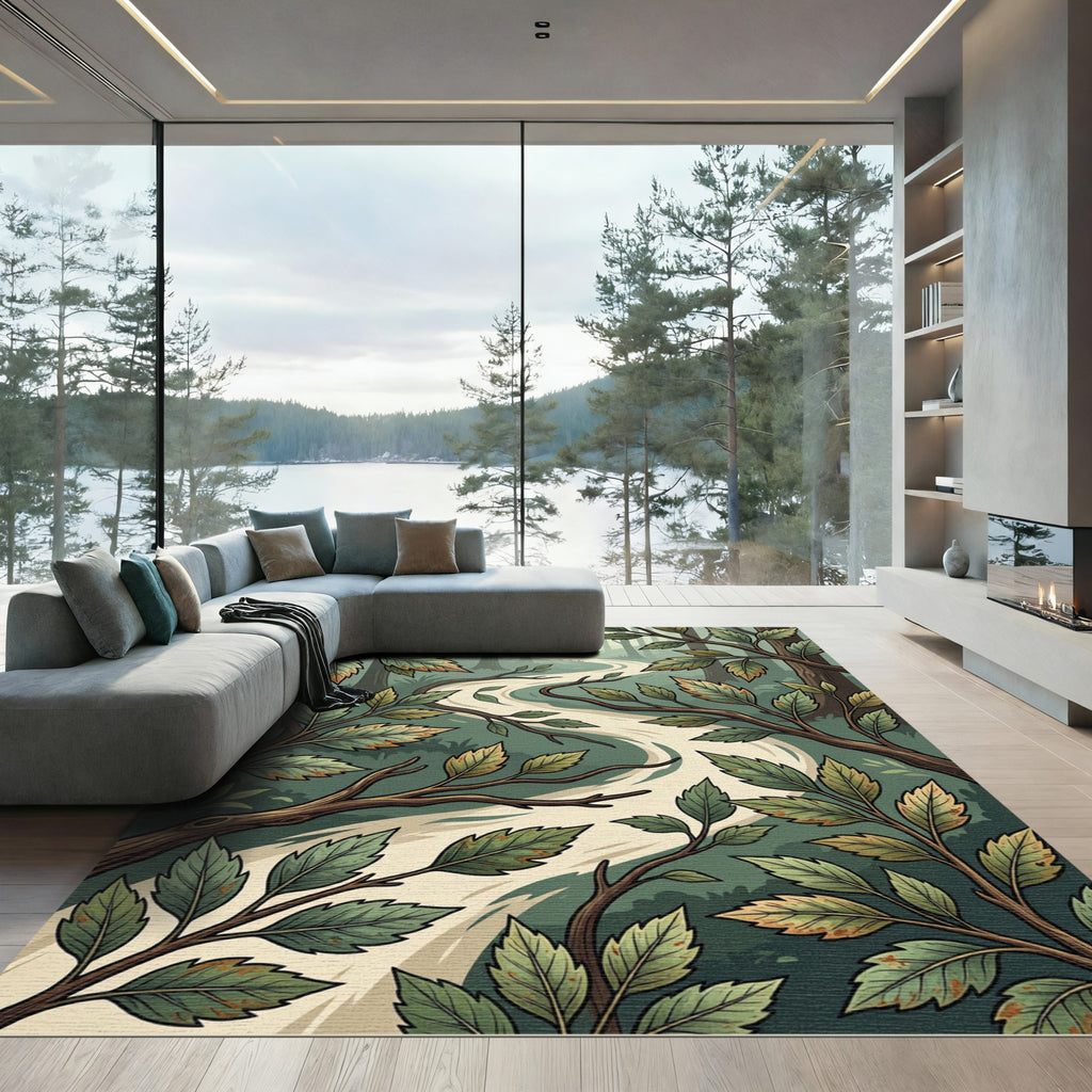 Earthy Forest Path Verdant Leaf Rug