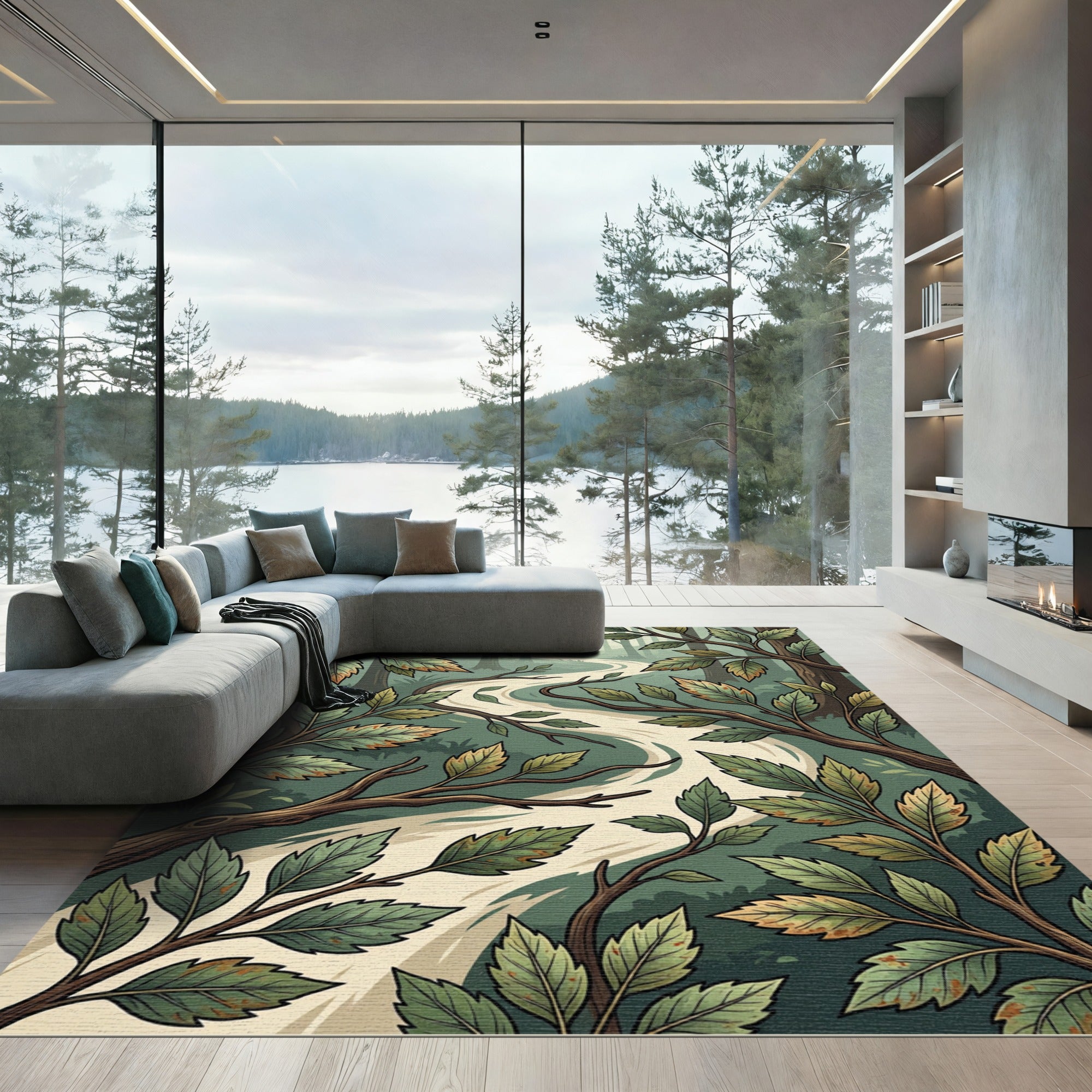 Earthy Forest Path Verdant Leaf Rug