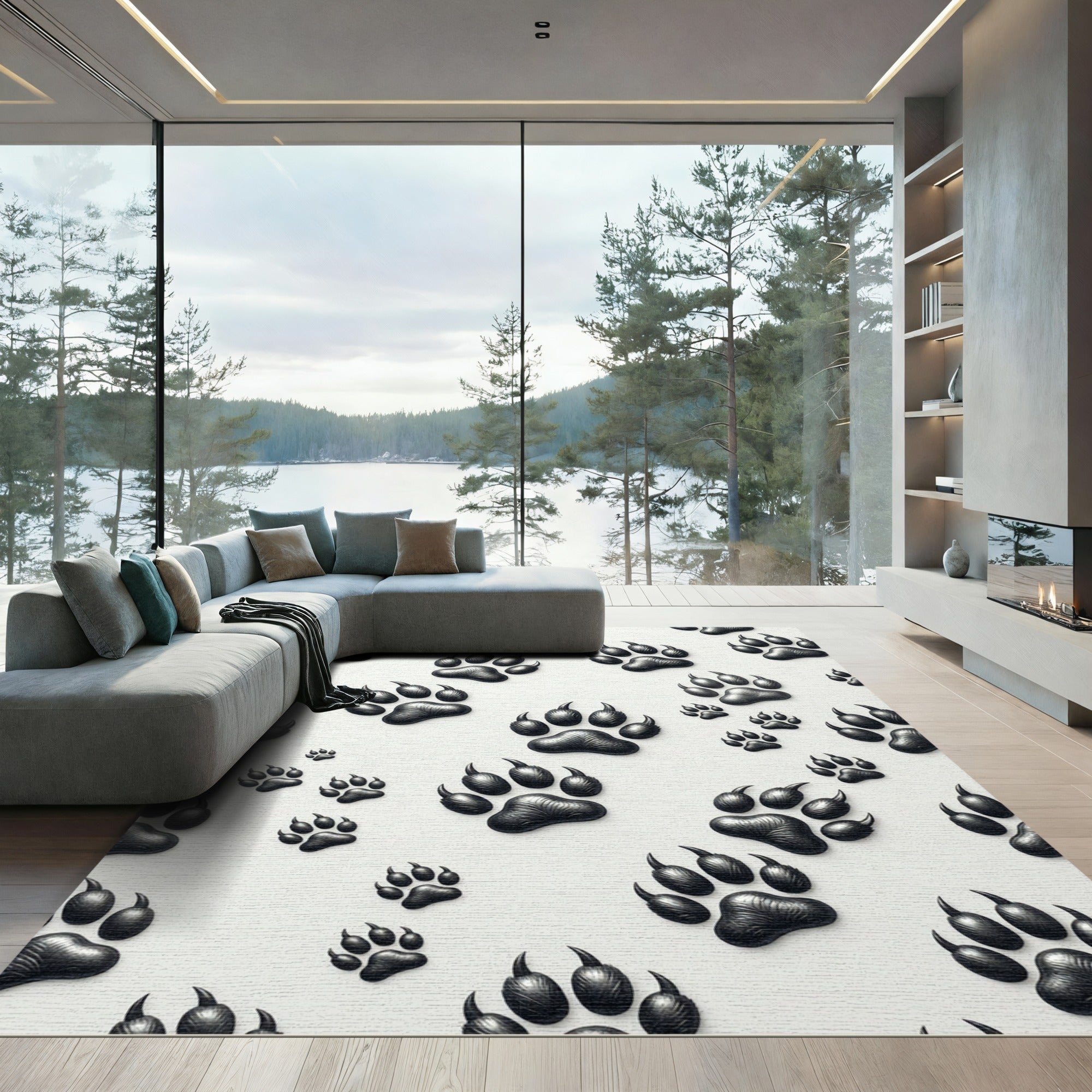 Monochromatic Silver Wildlife Paw Tracks Rug