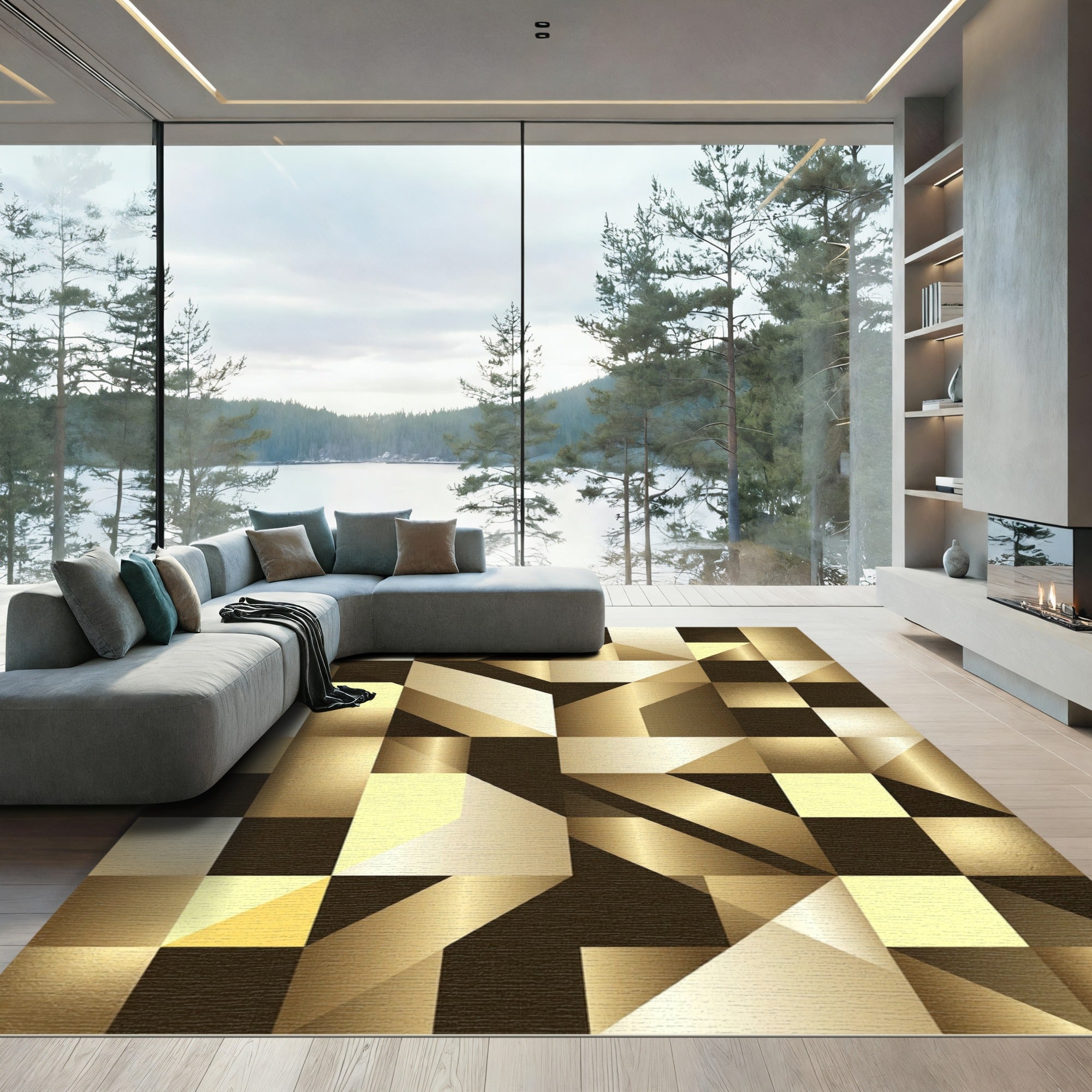 Golden Geometric Abstract Metallic Prism Rug