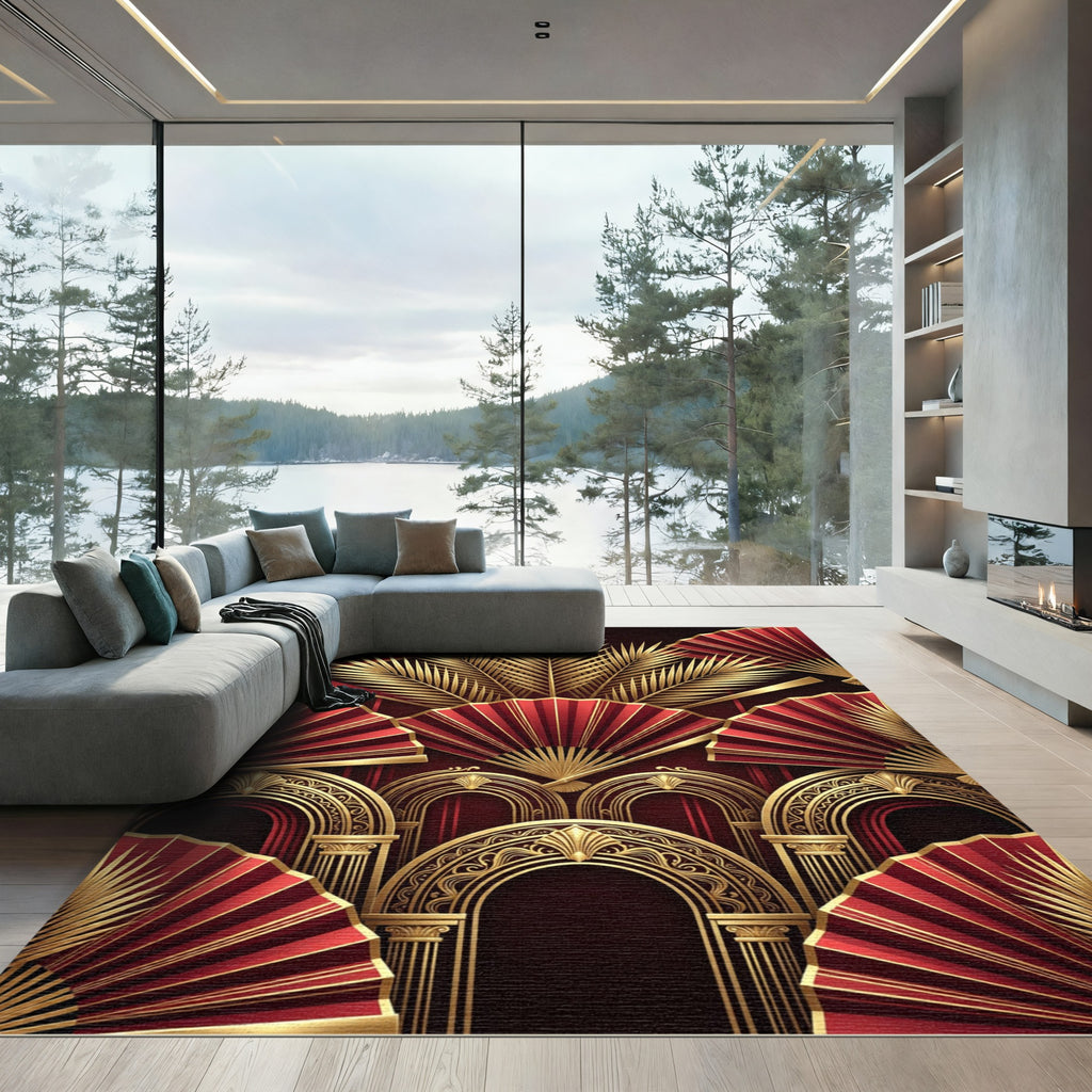 Golden Fan Art Deco Crimson Rug