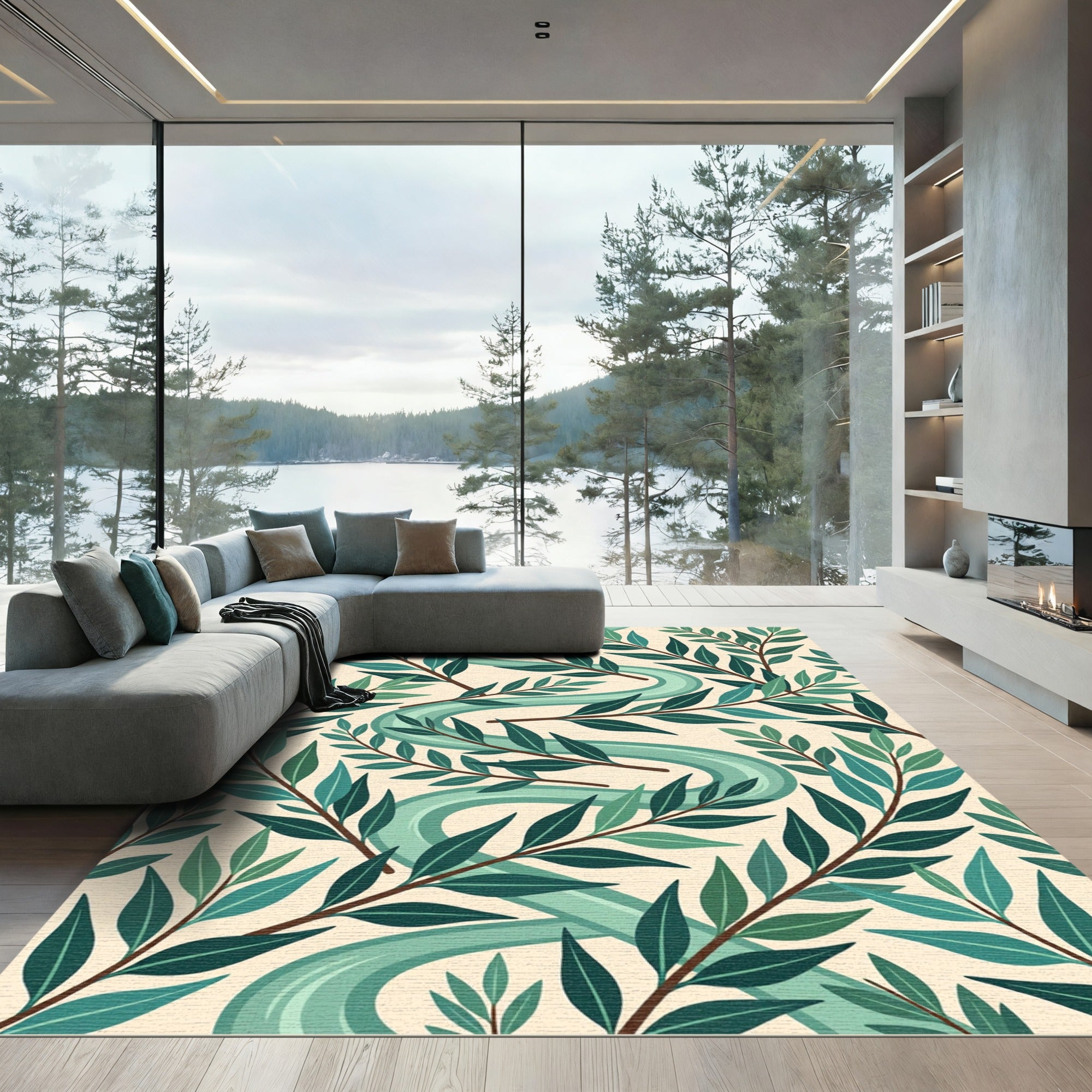 Teal Winding River Leafy Branches Rug