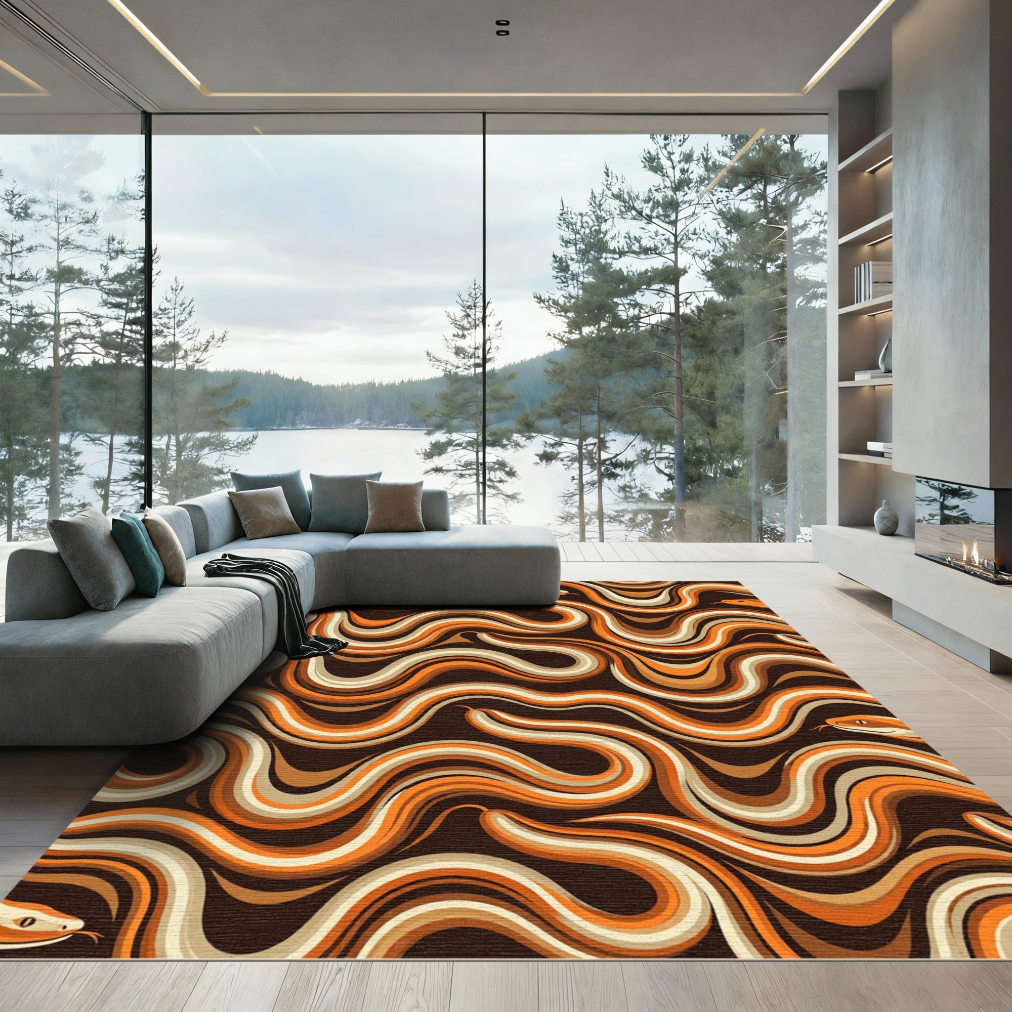 Retro Serpent Swirls Wavy Earthy Tones Rug
