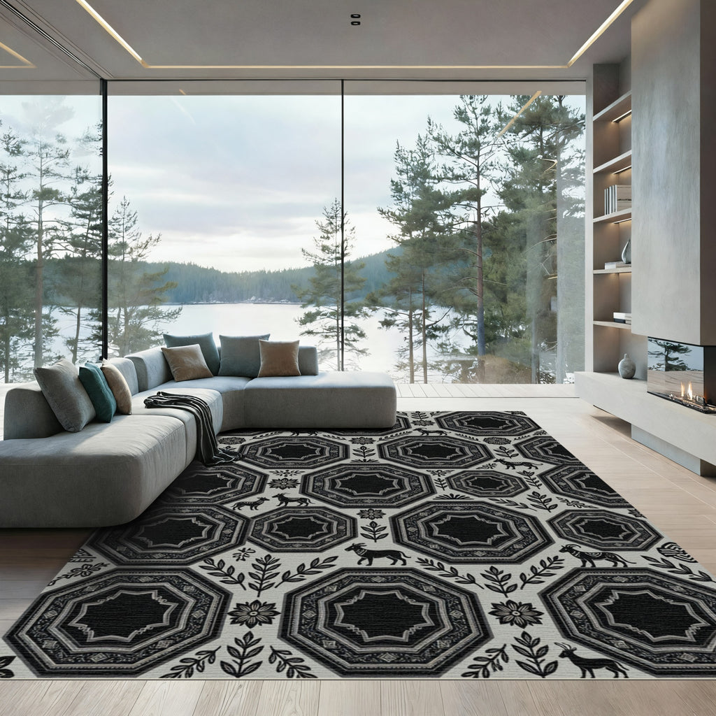 Monochromatic Goat Folk Art Octagon Medallion Rug