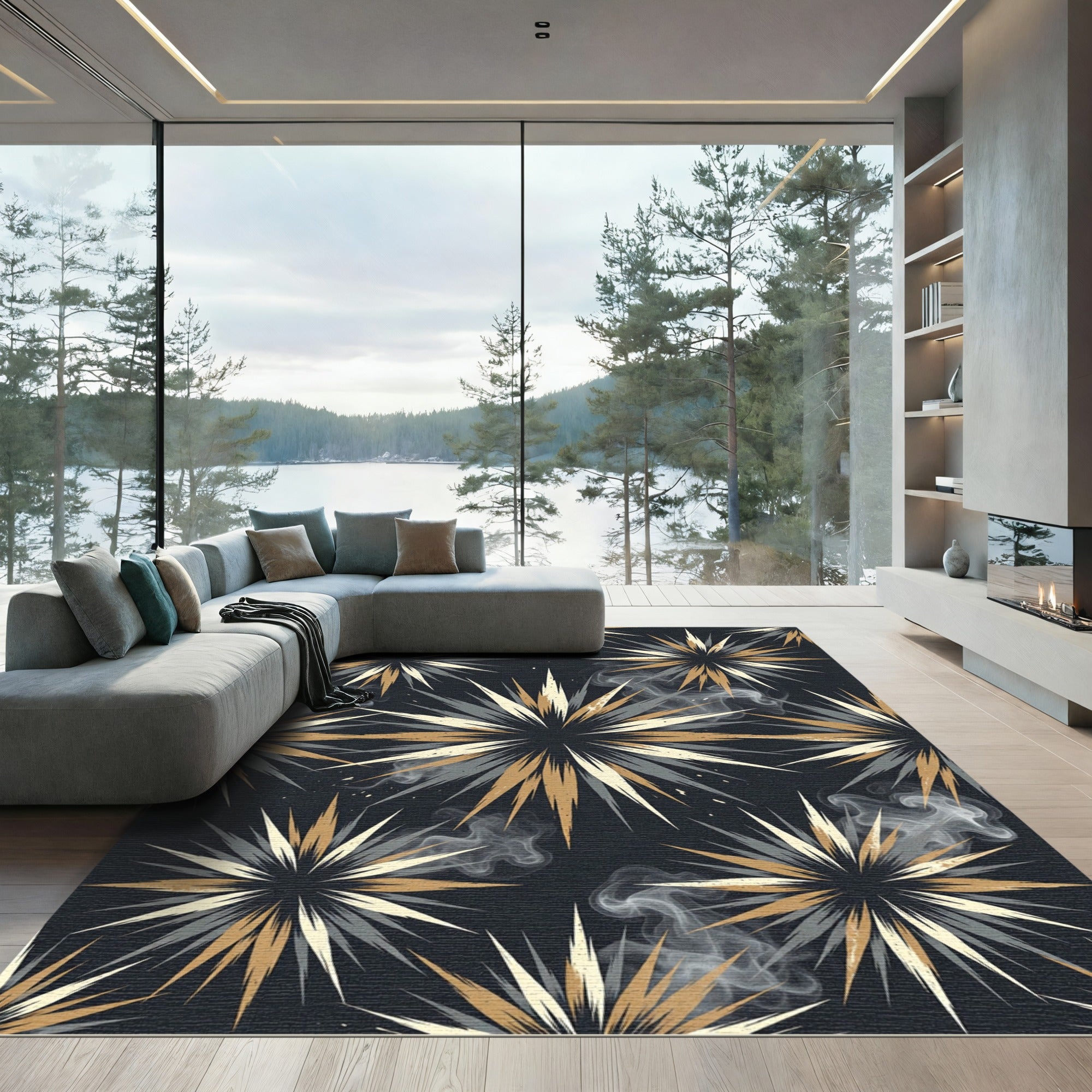 Modern Gold and Gray Starburst Rug