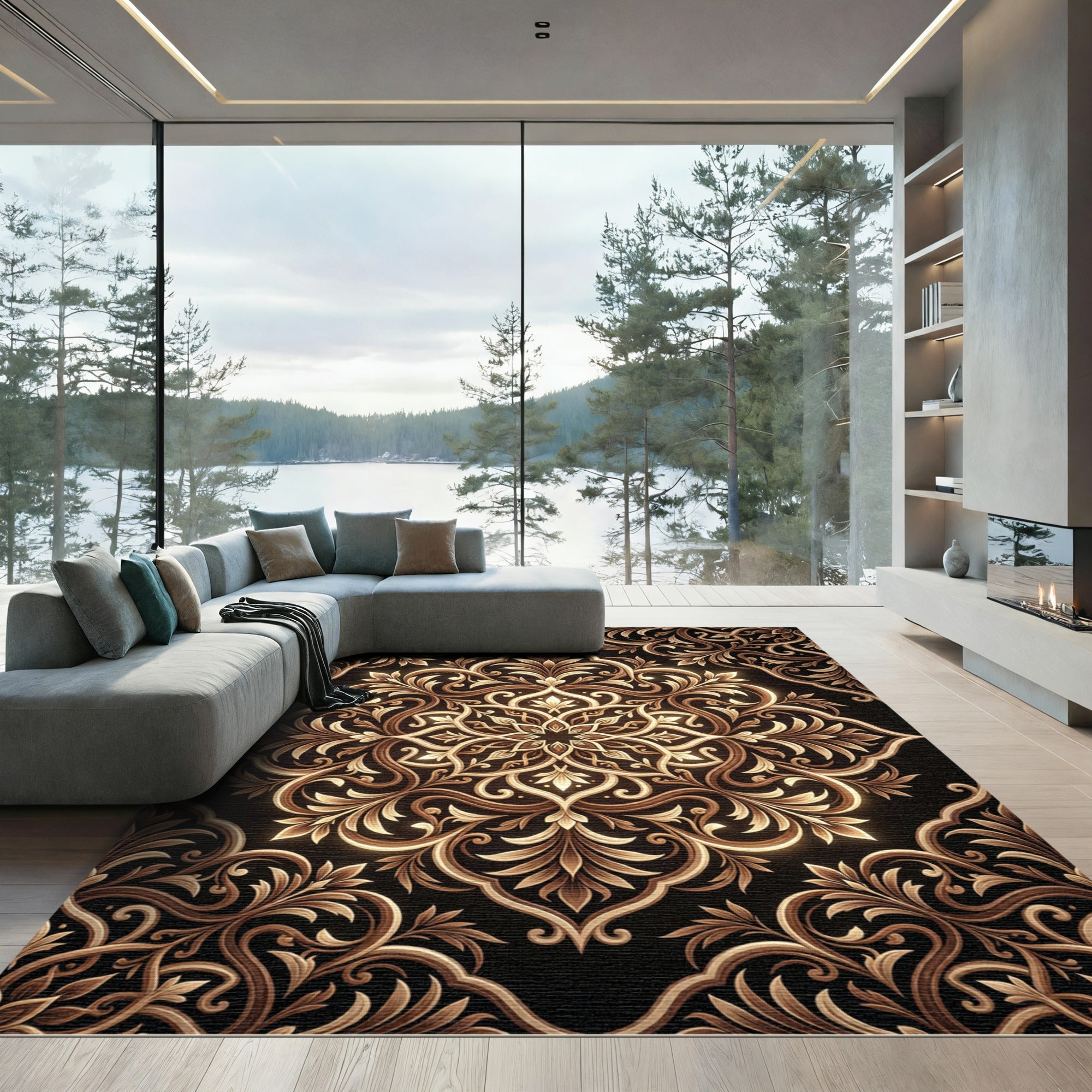 Ornate Golden Filigree Floral Medallion Rug