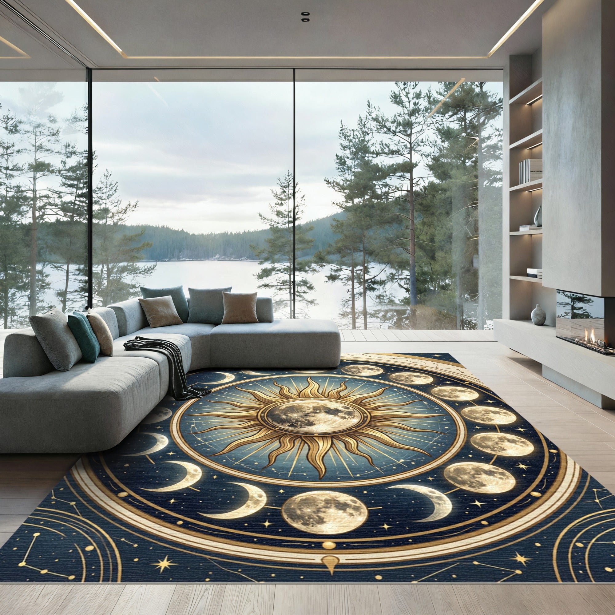 Celestial Golden Moon Phase Sun Rug
