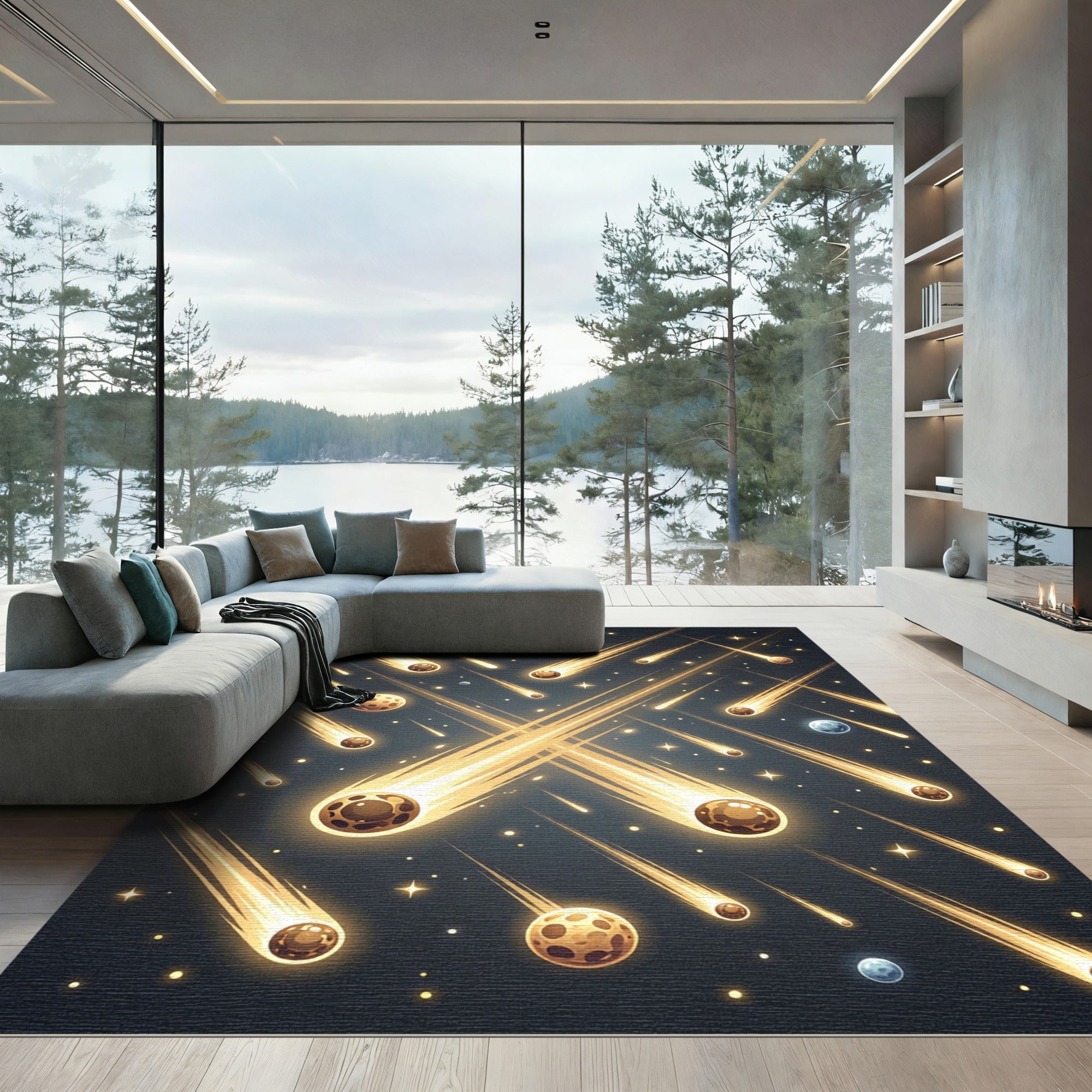 Golden Meteor Shower Celestial Scene Rug