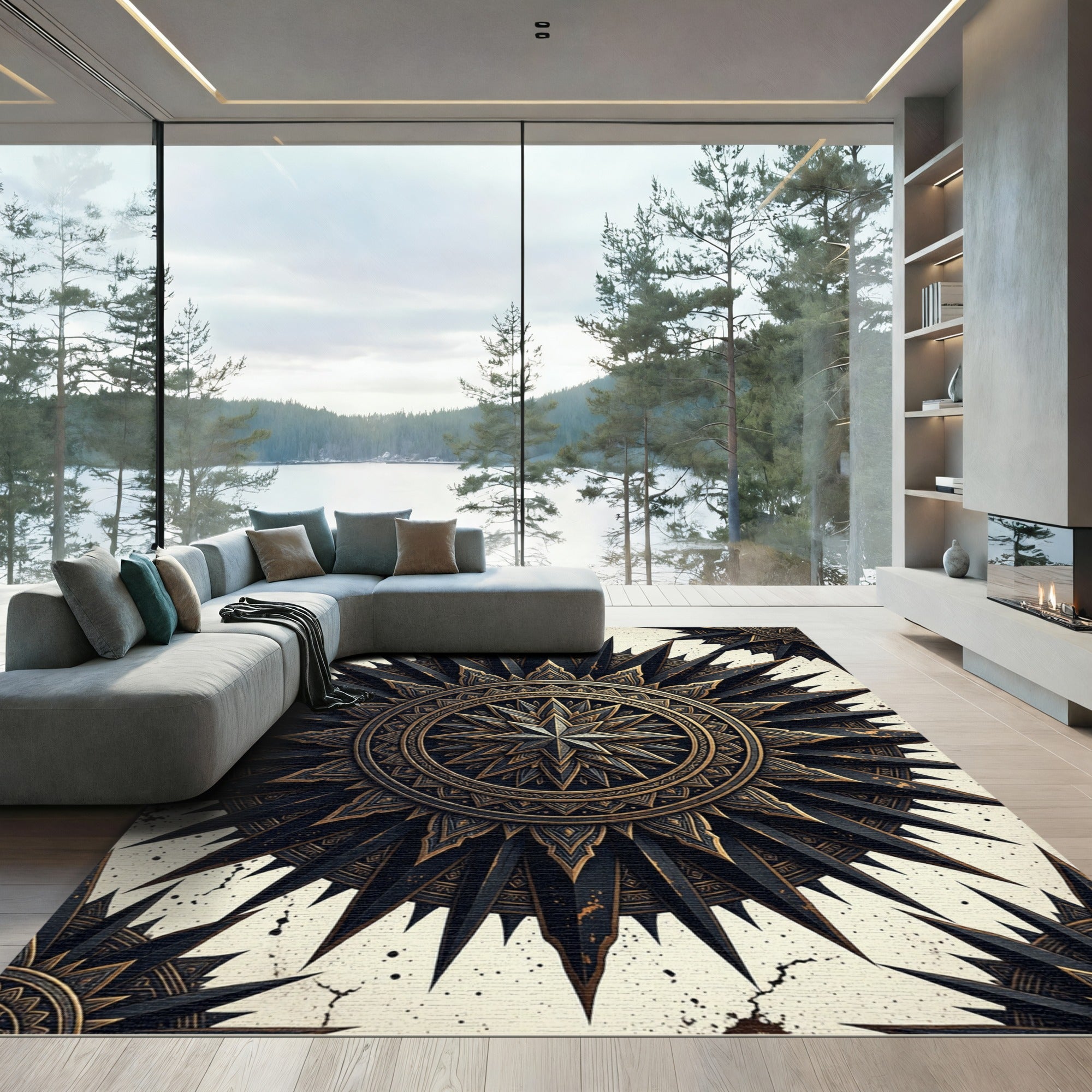 Celestial Gold and Black Starry Medallion Rug