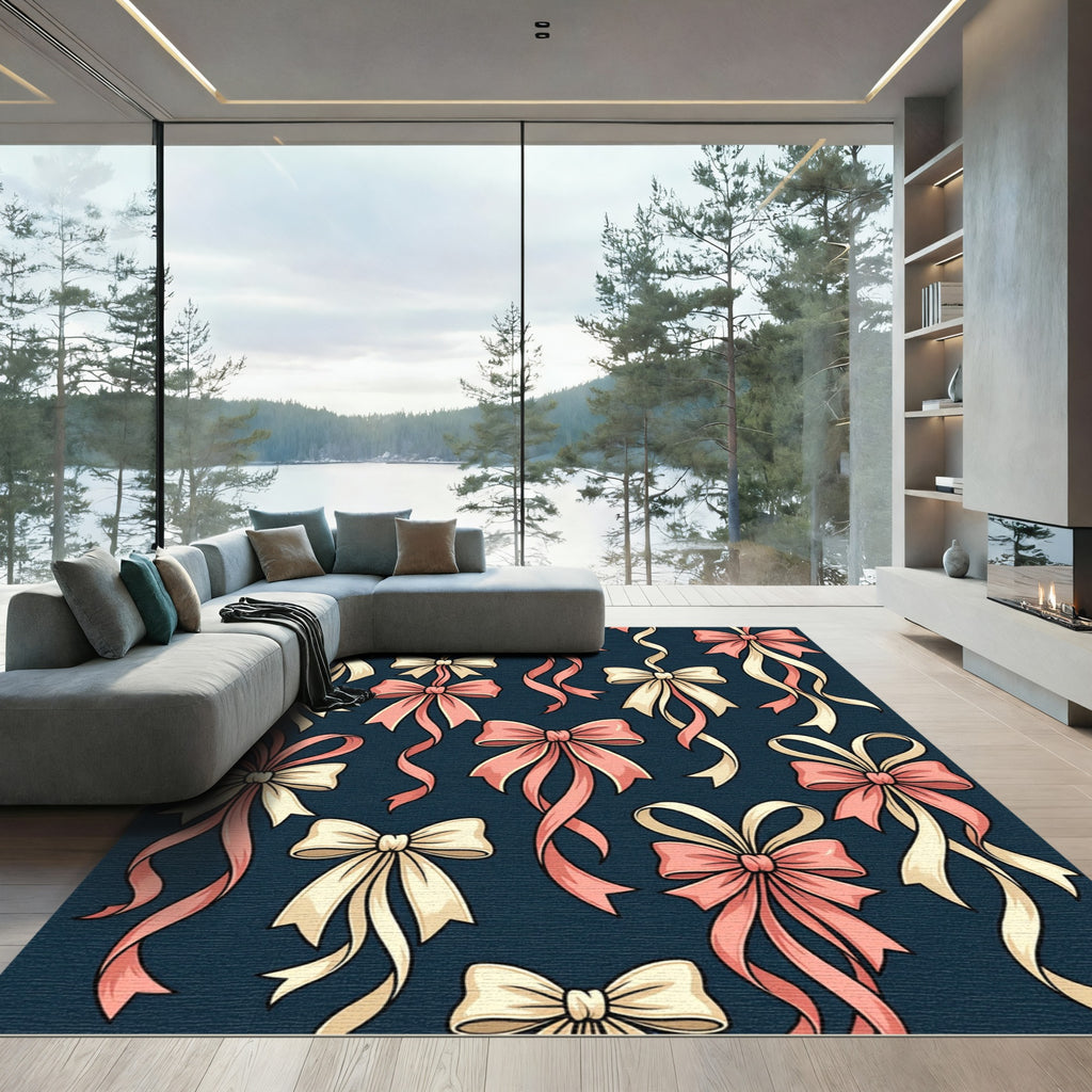 Elegant Pastel Ribbon Bows Navy Wallpaper Rug